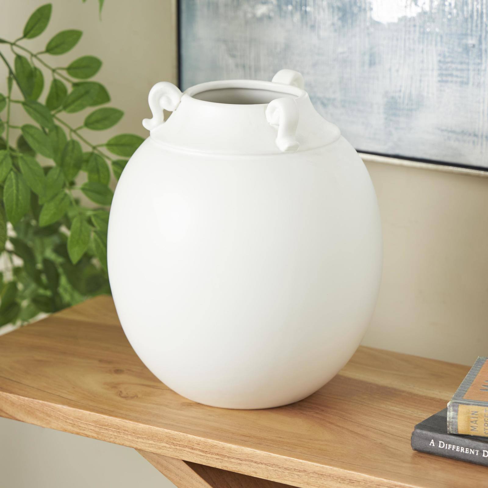 11" White Ceramic Minimalistic Vase with Scroll Handles
