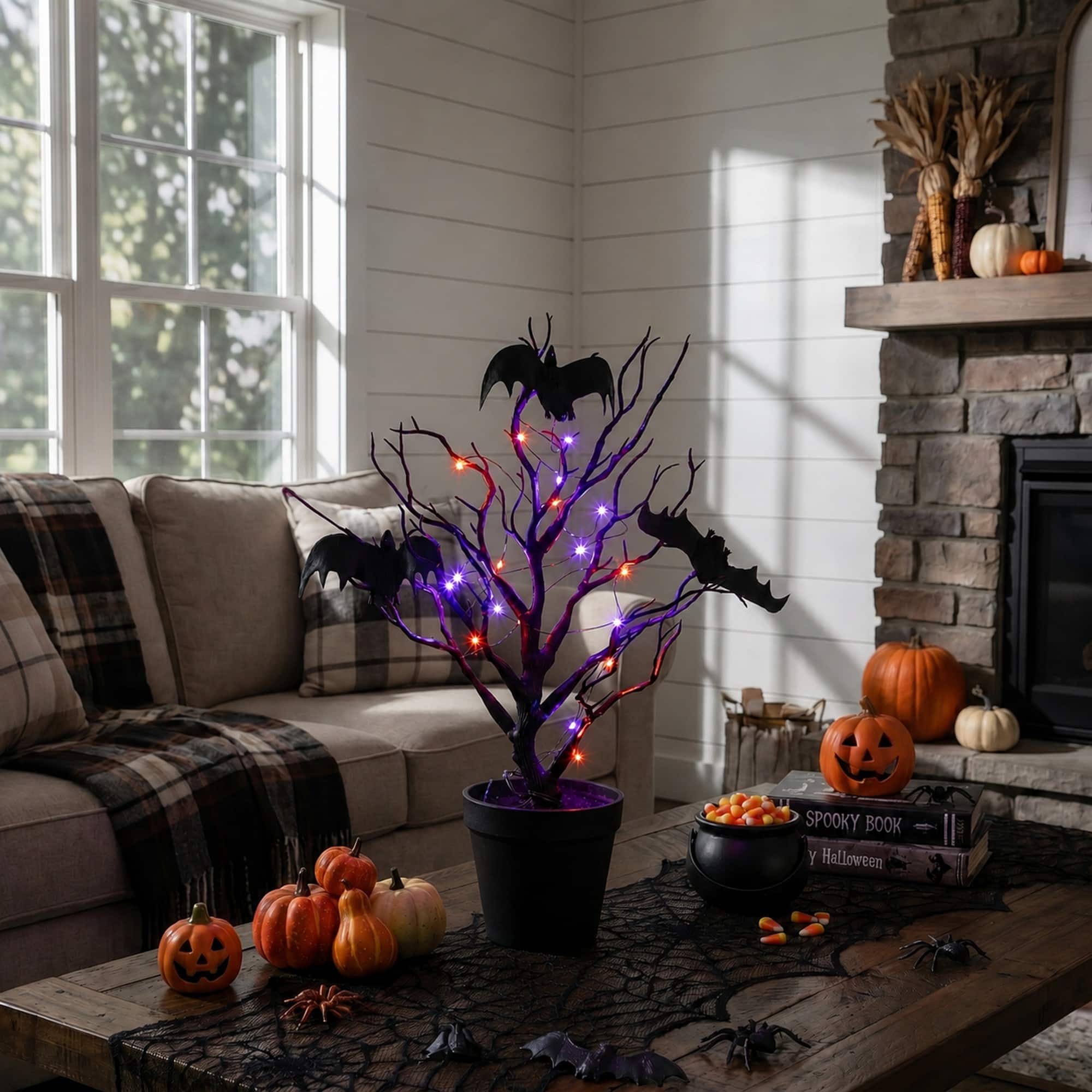 16" Pre-Lit Artificial Halloween Black Spooky Twig Tree with Bats and 20 Orange & Purple LED Lights