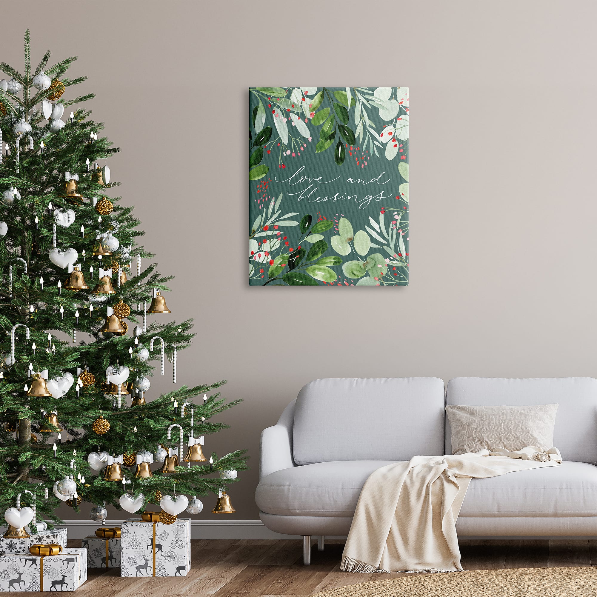 Stupell Industries Love & Blessings Green Floral Leaves Canvas Wall Art