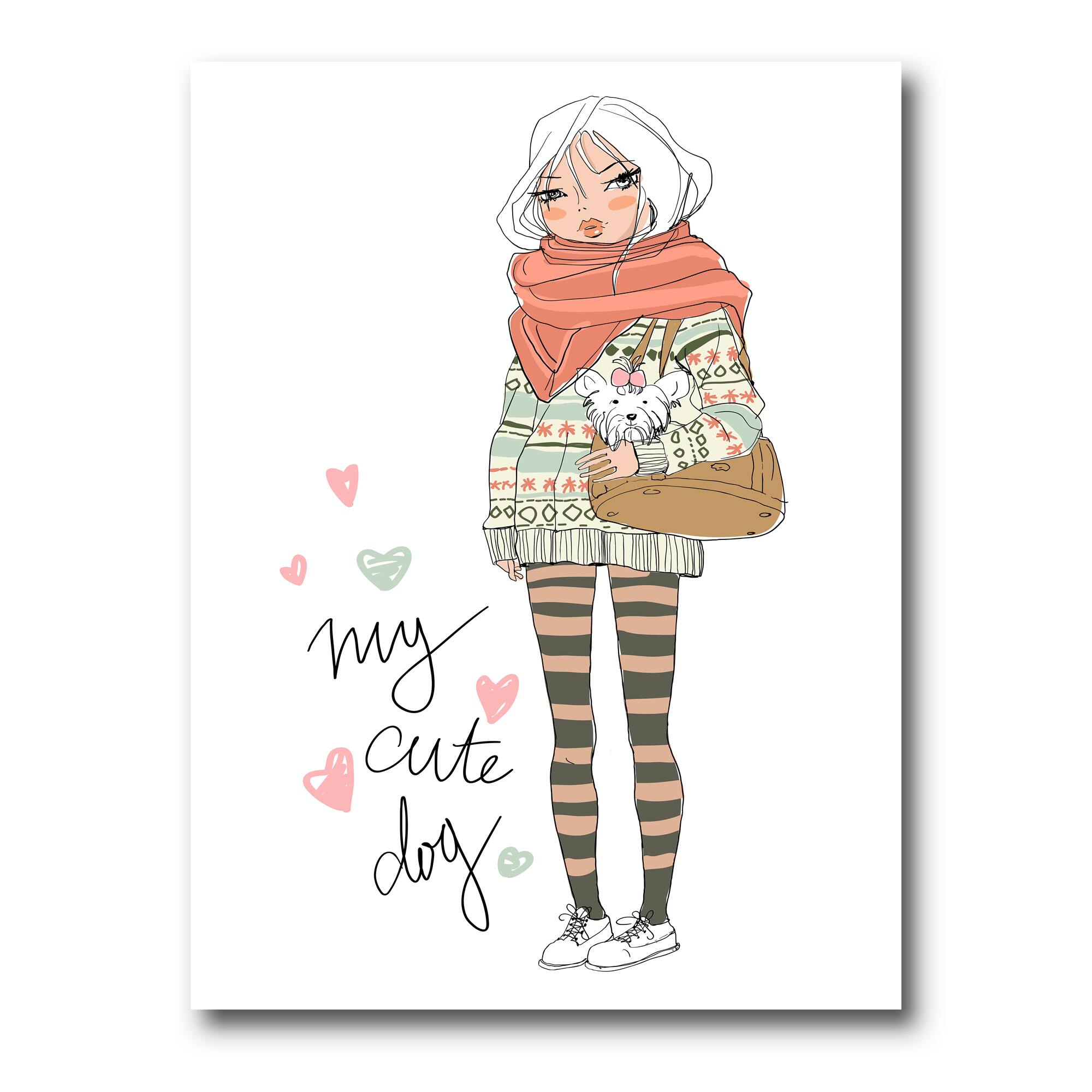 Designart - Cute Girl With Dog - Shabby Chic Canvas Wall Art Print