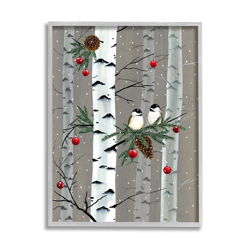 Stupell Industries Birds and Holiday Ornaments Birch Tree Forest Framed Wall Art