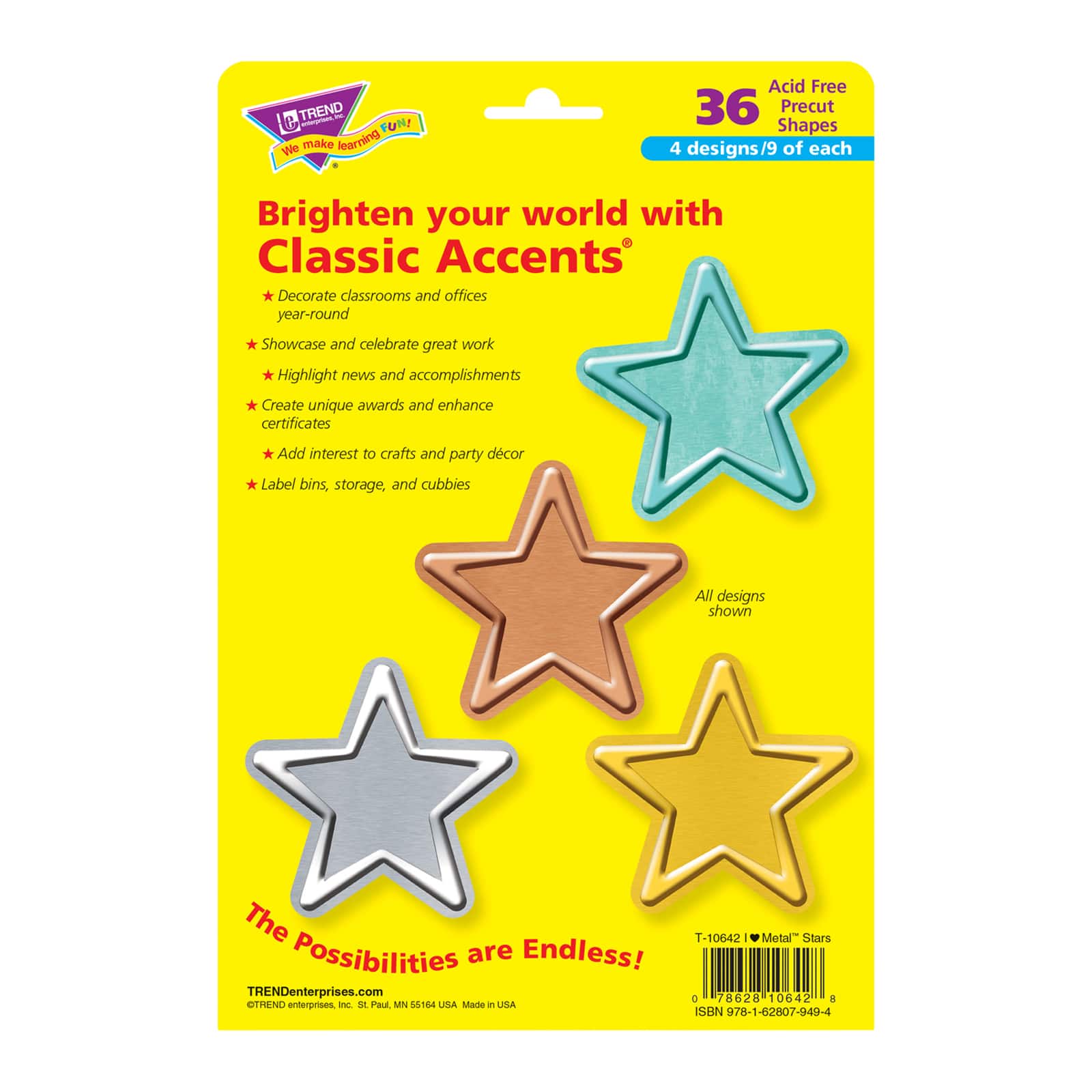 Trend Enterprises® I Heart Metal Stars Classic Accents® Variety Pack, 3 Packs of 36
