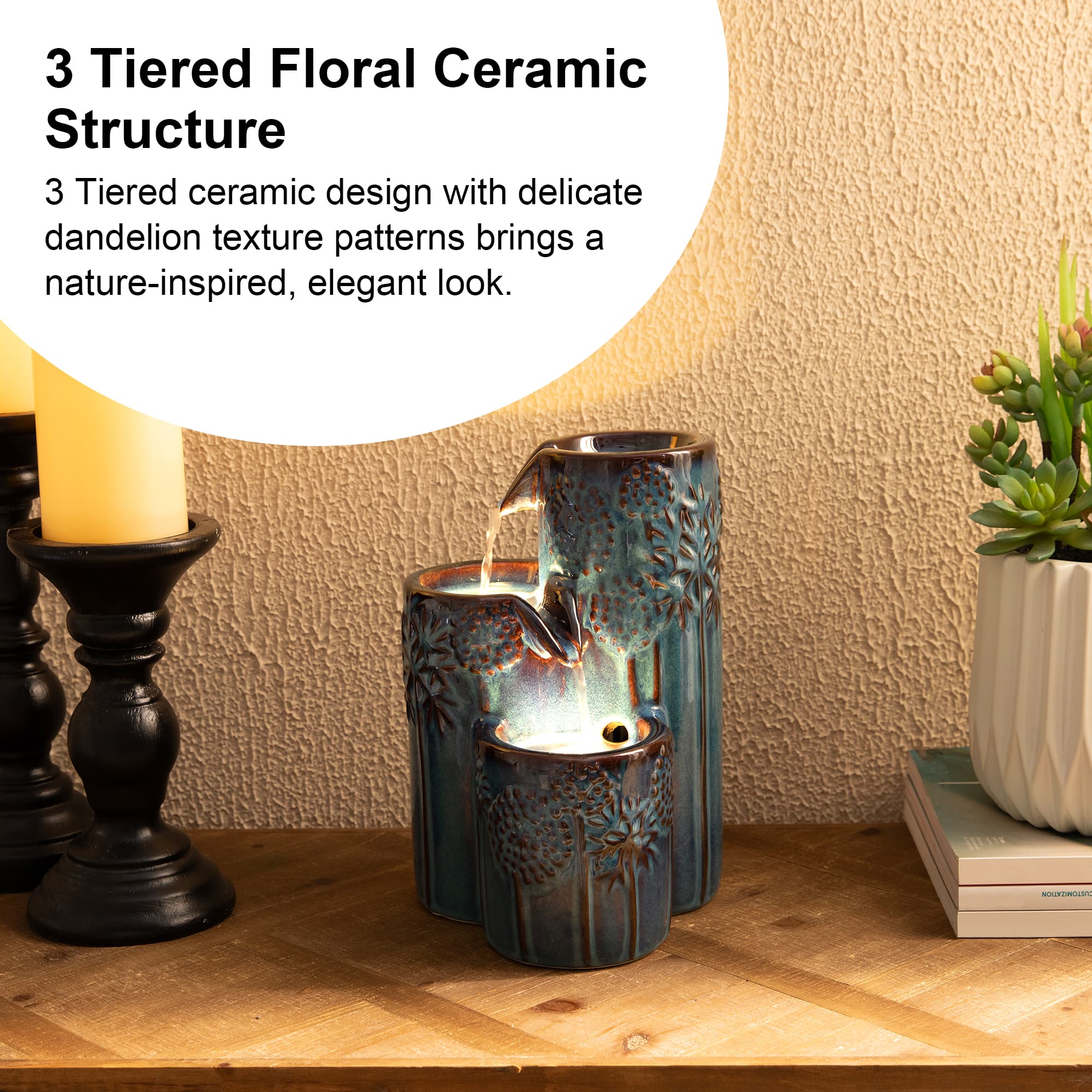Glitzhome® 10" LED 3-Tier Turquoise Tabletop Fountain with Pump