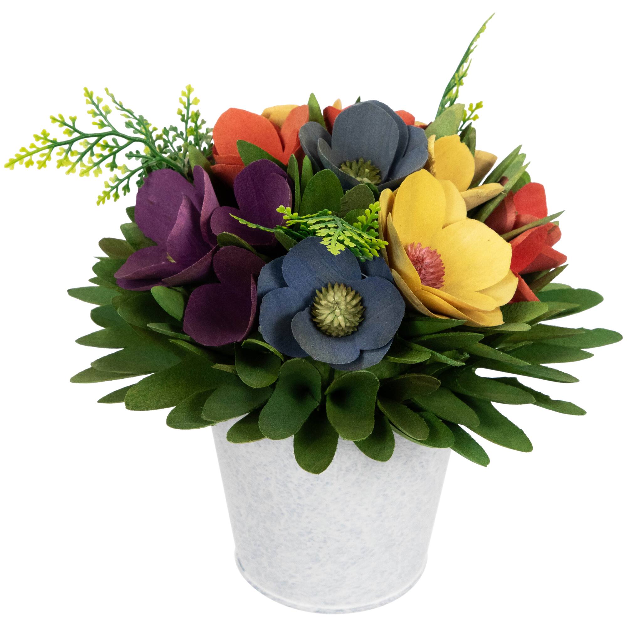 7.5" Wooden Artificial Spring Floral Arrangement with Flowers & Garden Pot