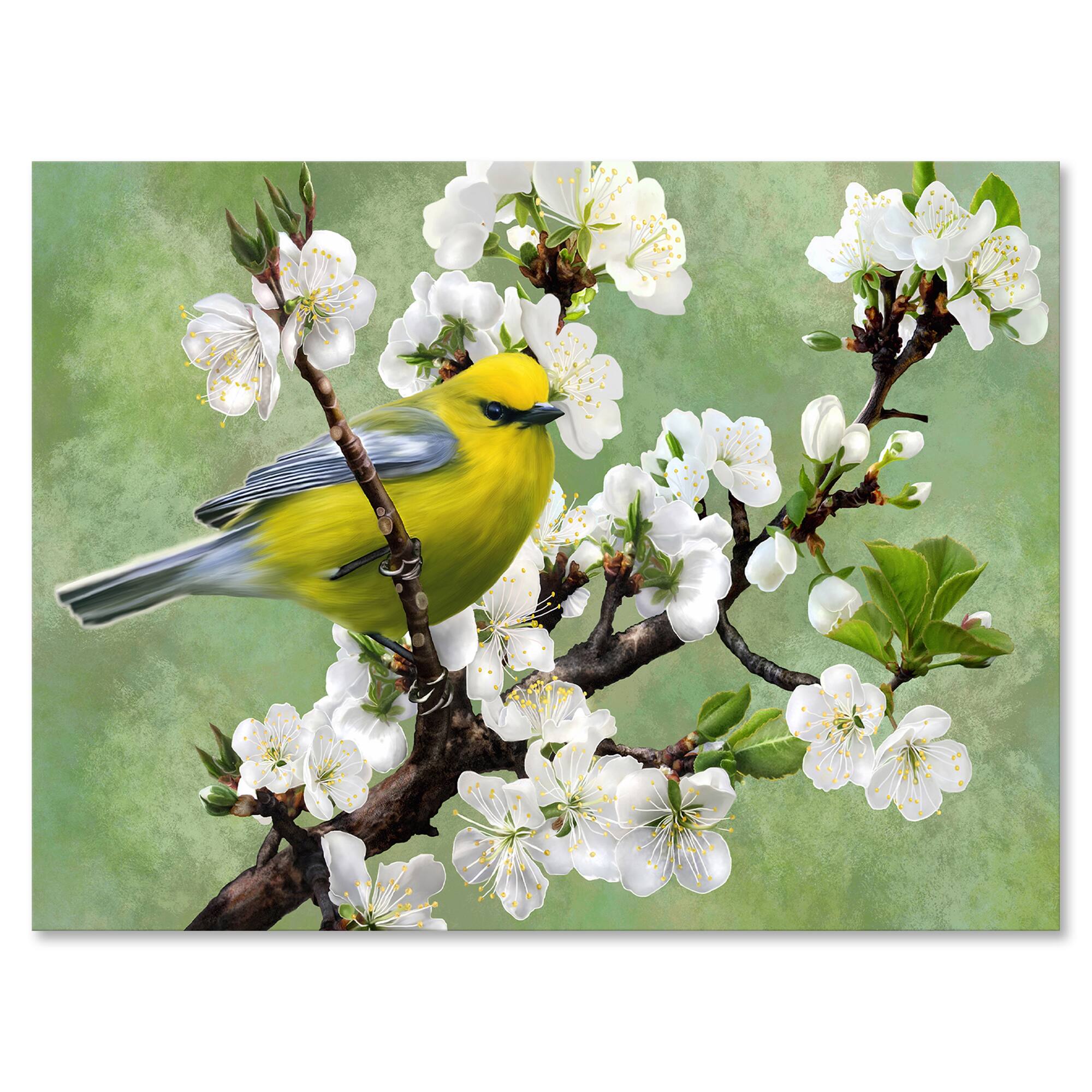 Designart - Bird On A Branch of Cherry - Traditional Canvas Wall Art Print