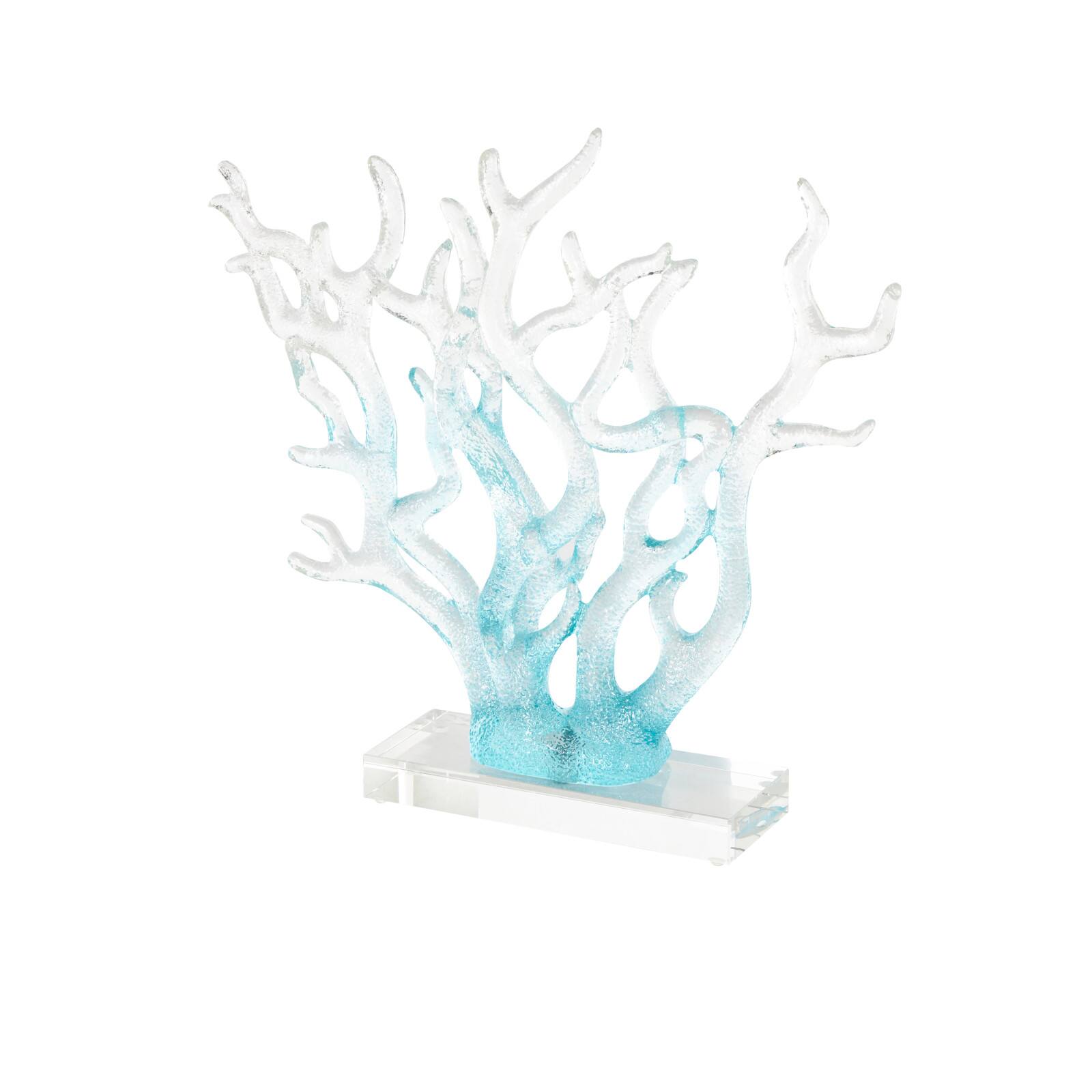 15" Blue Glass Coral Ombre Decorative Sculpture with Clear Rectangle Base