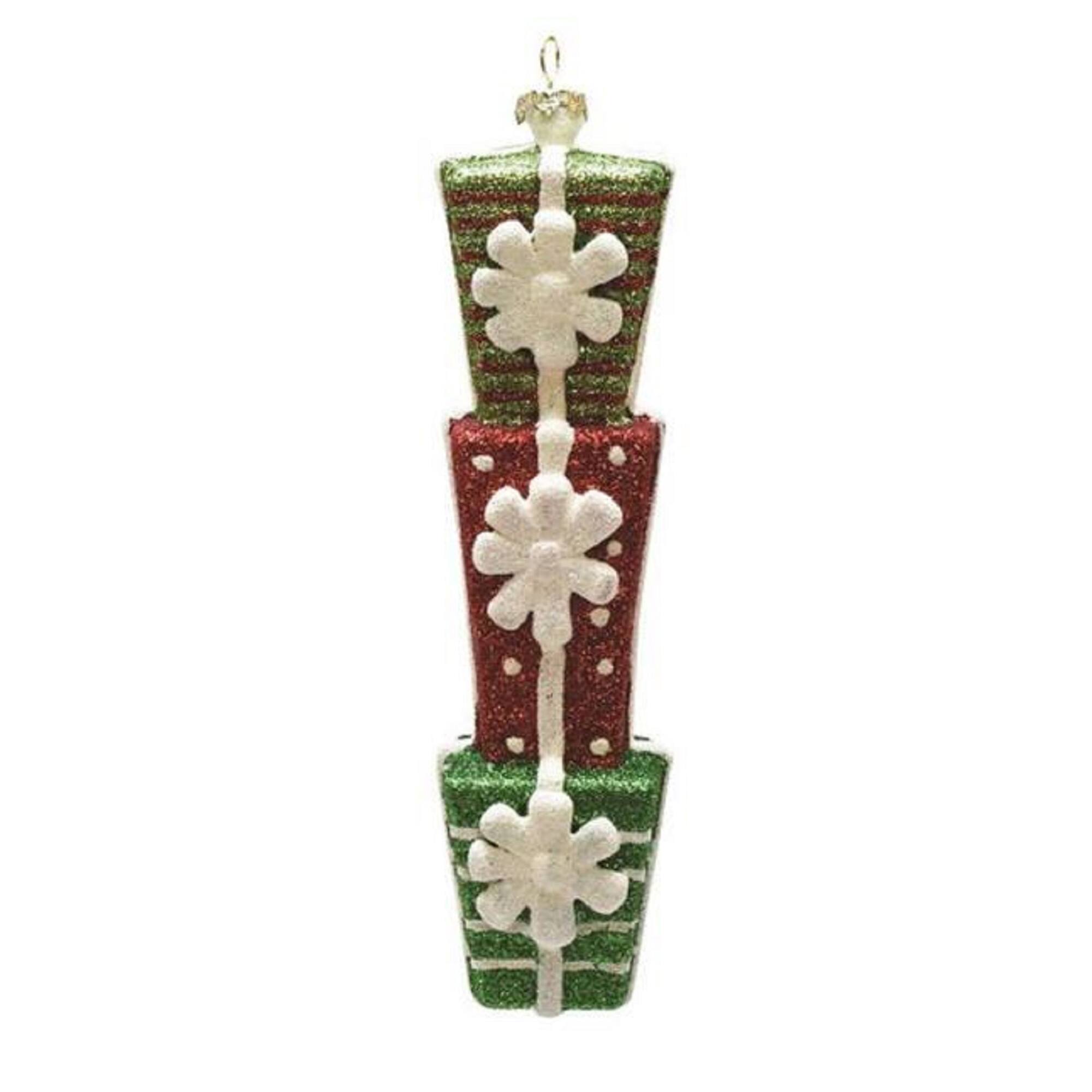 Glitter Green And Red Shatterproof Stacked Gift Box Ornament