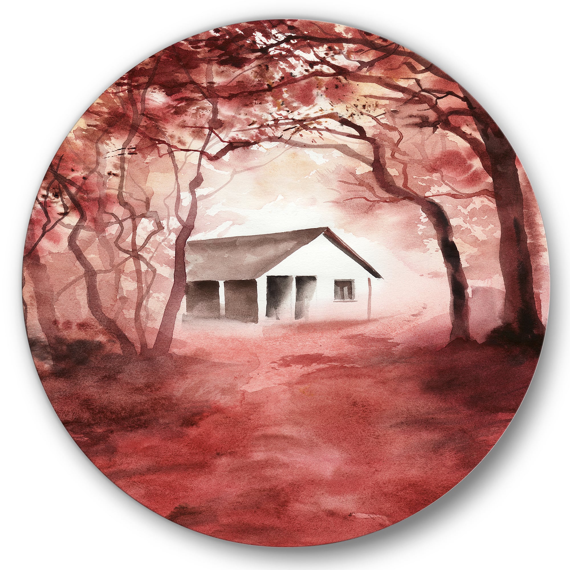 Designart - House In Red Autumn Woods - Cabin & Lodge Metal Circle Wall Art