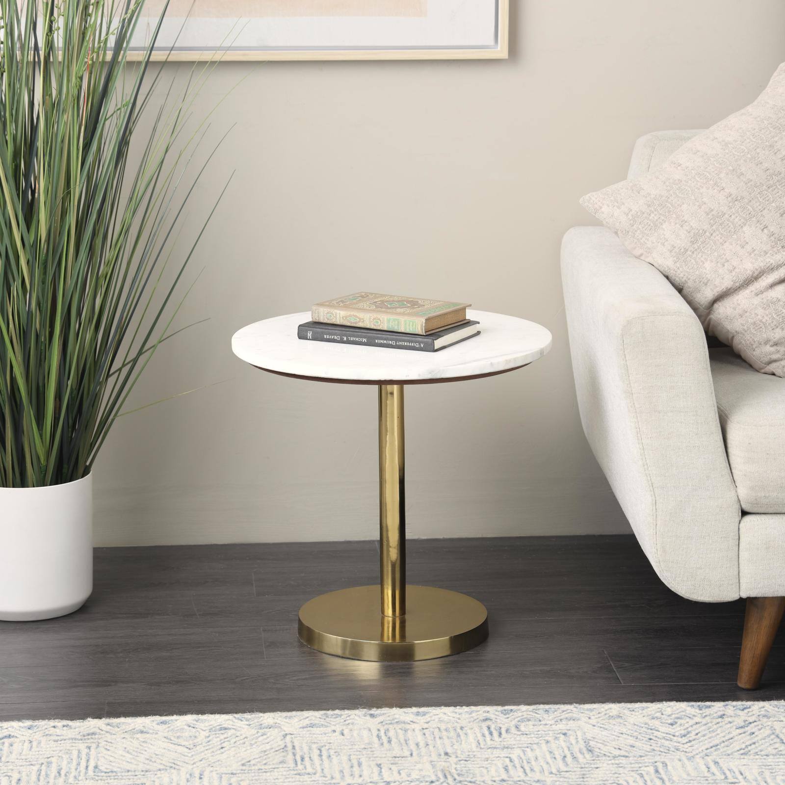 19.25" x 19.75" Gold Metal Geometric Pedestal Accent with White Marble Tabletop