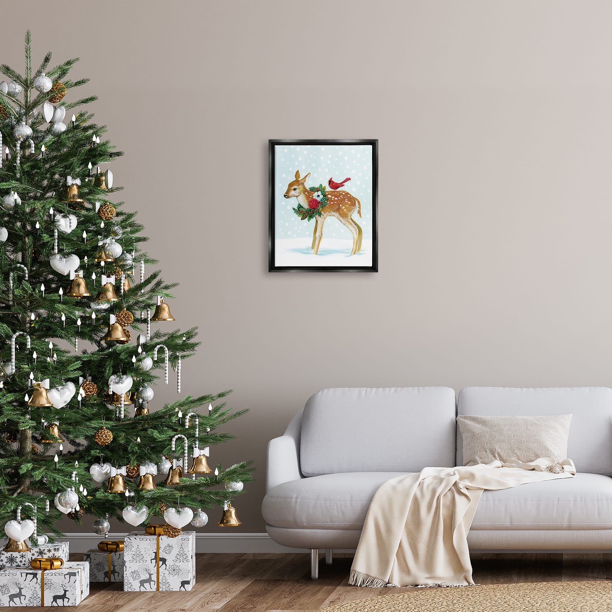 Stupell Industries Snowy Deer Holiday Cardinal Framed Floater Canvas Wall Art