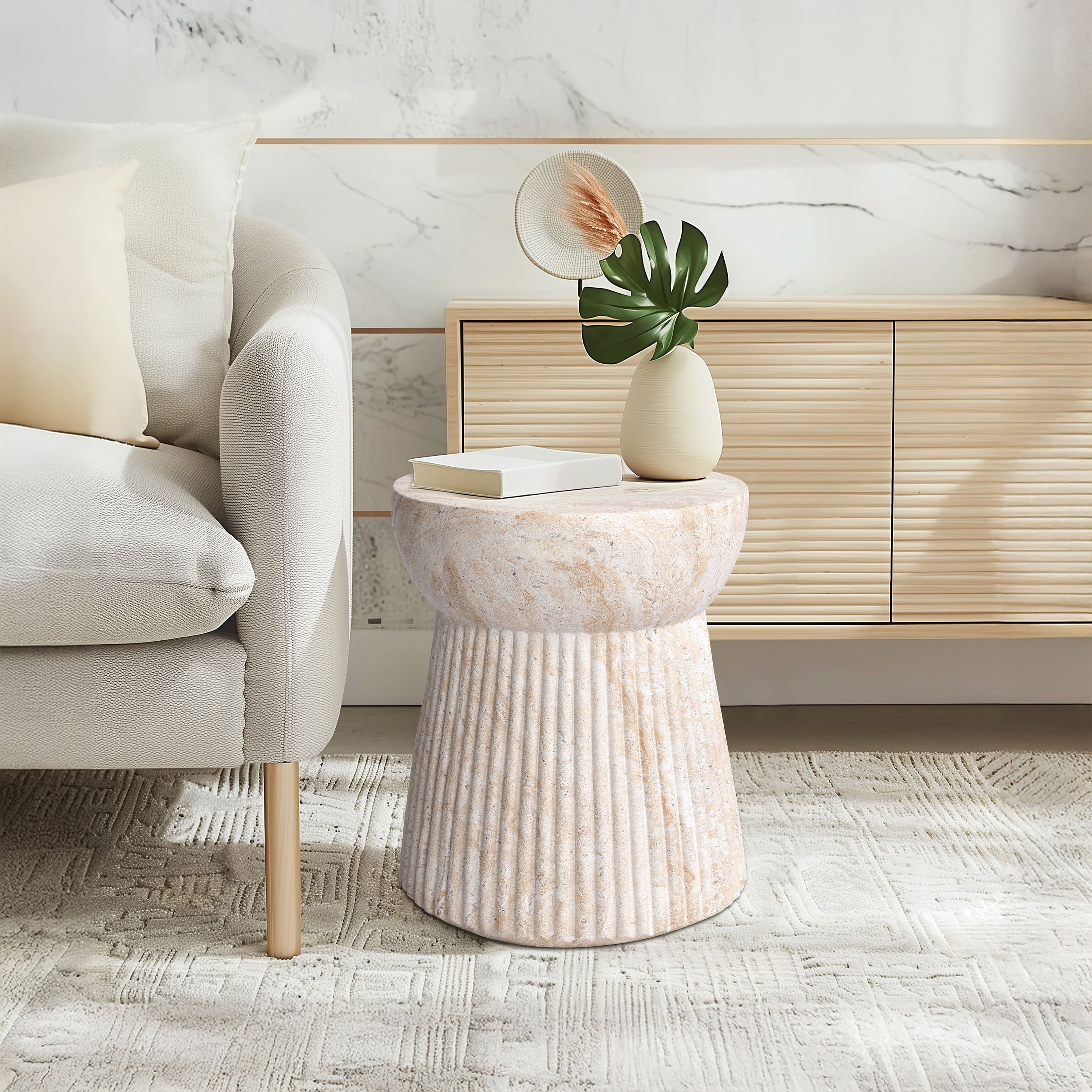 Empire Art Direct 17" Fluted Travertine Stone Finish MGO Side Accent Table