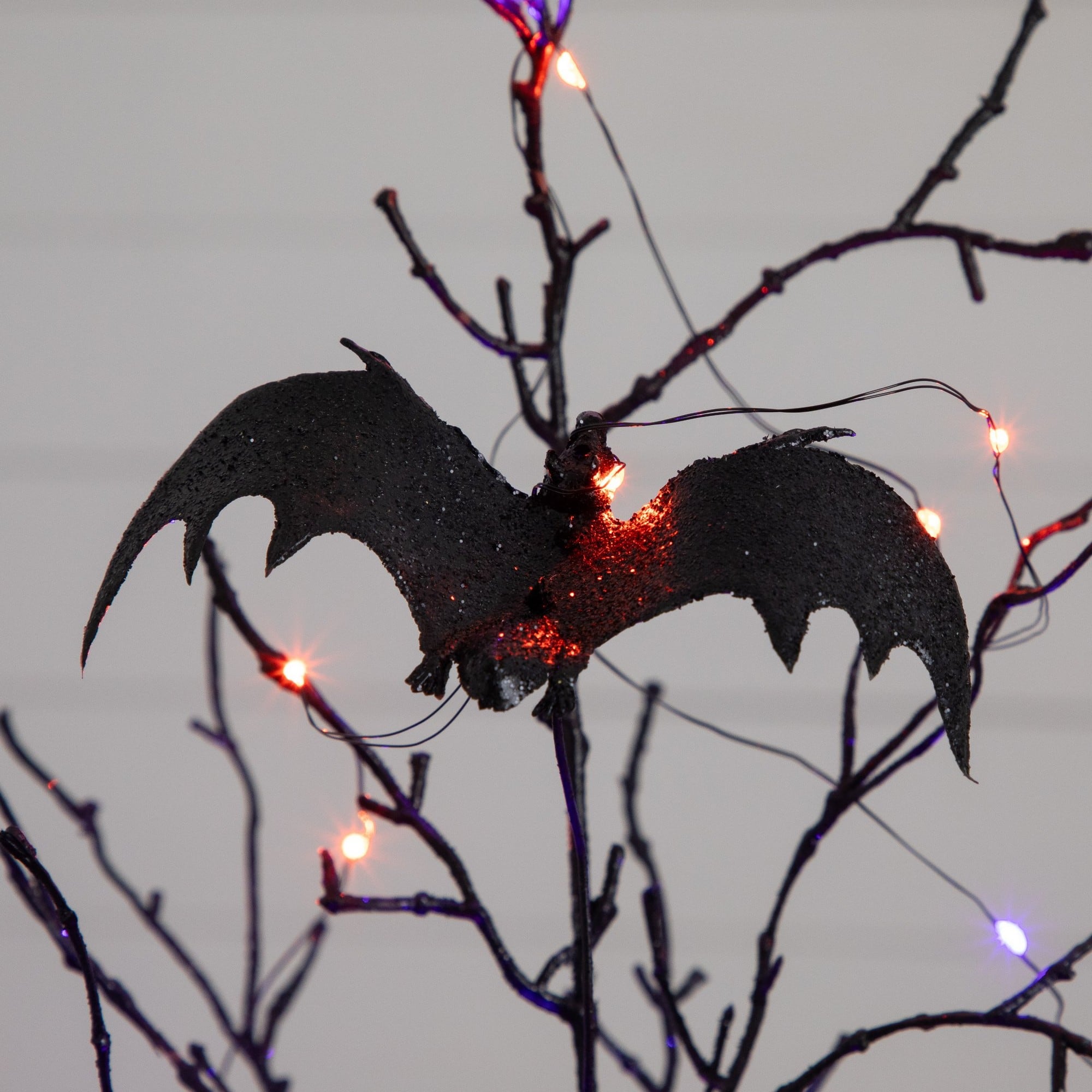 2ft. Pre-Lit Artificial Black Spooky Twig Tree with Bats and 40 Orange & Purple LED Lights