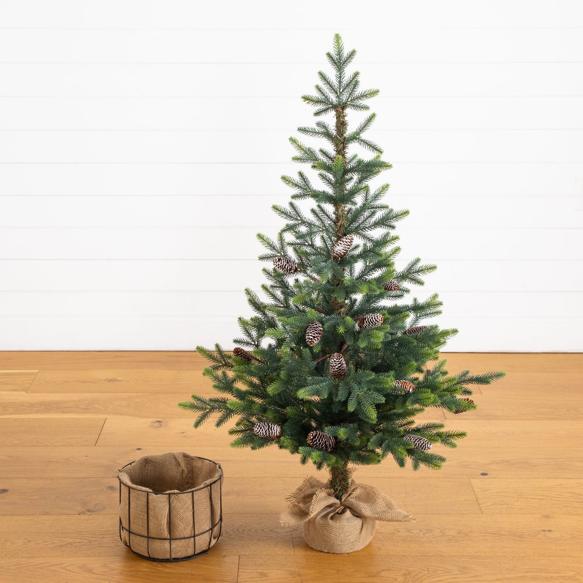 Nearly Natural 4ft. Unlit Artificial Balsam Fir Christmas Tree with Pinecones in Jute Wire Planter