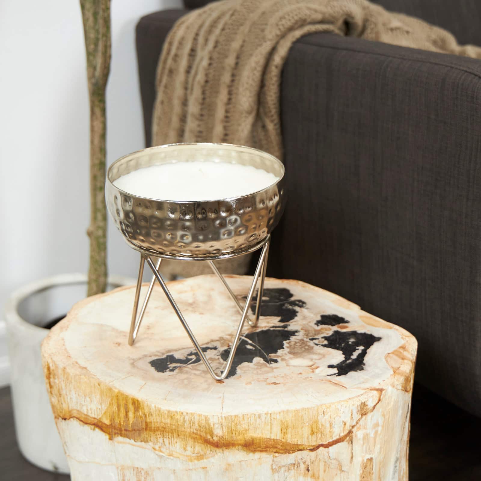 White Wax Campfire Scented Candle with Hammered Silver Container and Tripod Stand