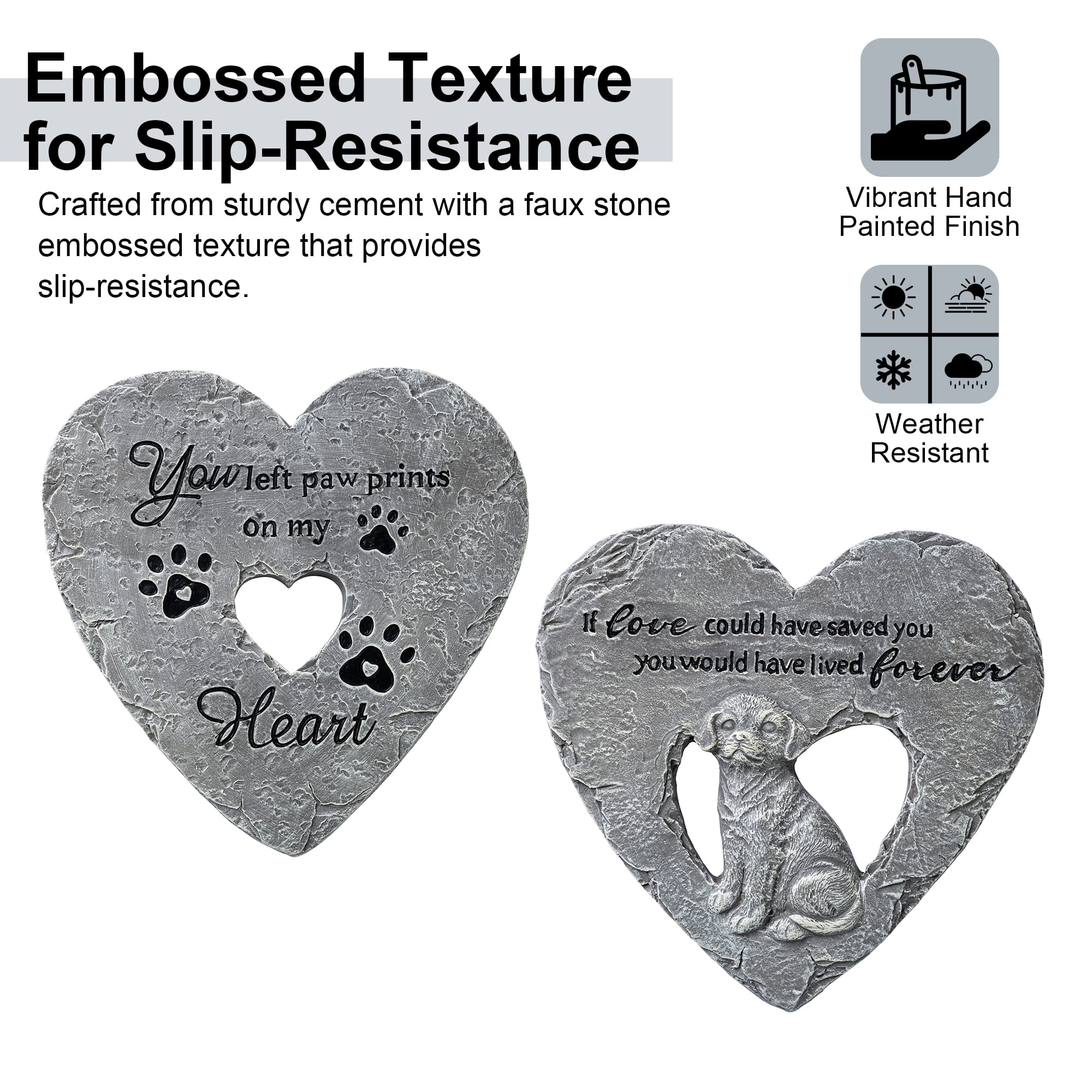 Glitzhome® 10" Set of 2 Cement Heart-Shaped Paw Prints and Dog Memory Stepping Stones