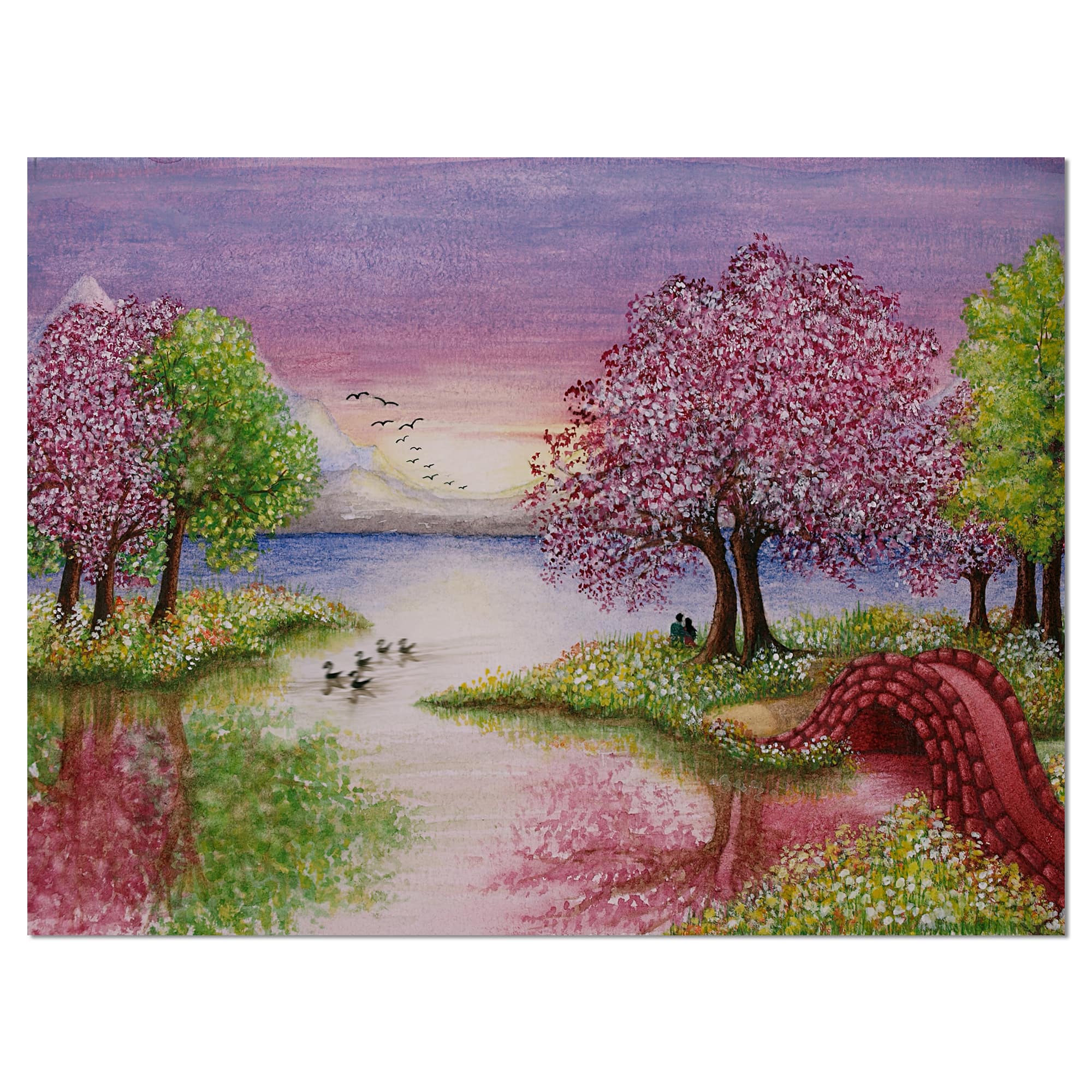 Designart - Romantic Lake in Pink and Green - Extra Large Wall Art Landscape