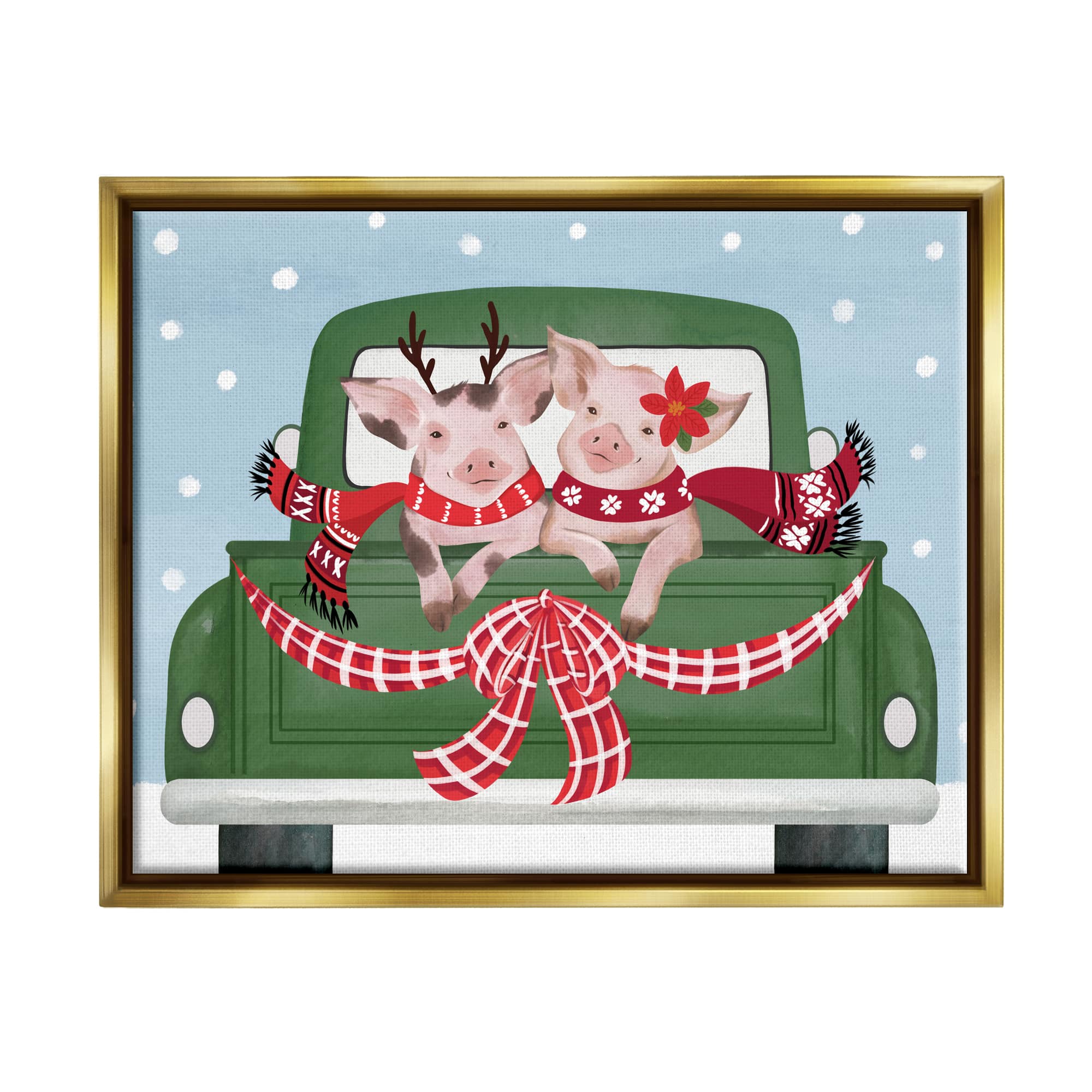 Stupell Industries Farmhouse Pigs Green Holiday Truck Framed Floater Canvas Wall Art