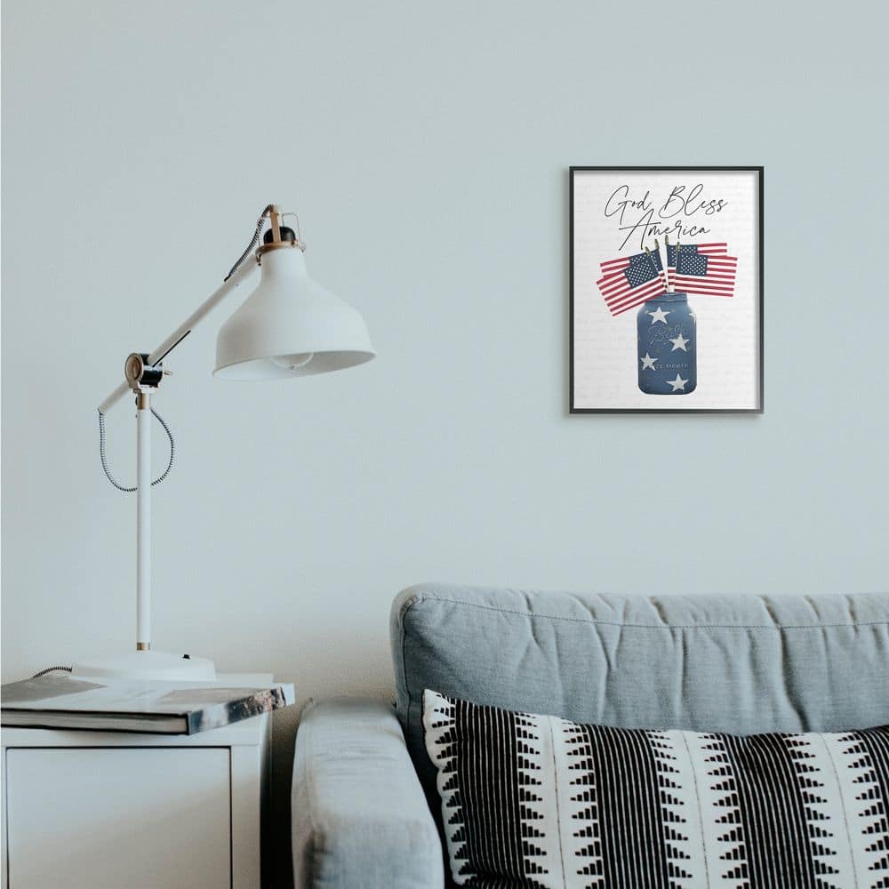 Stupell Industries Patriotic God Bless America Country Quote Jar Flags Framed Wall Art