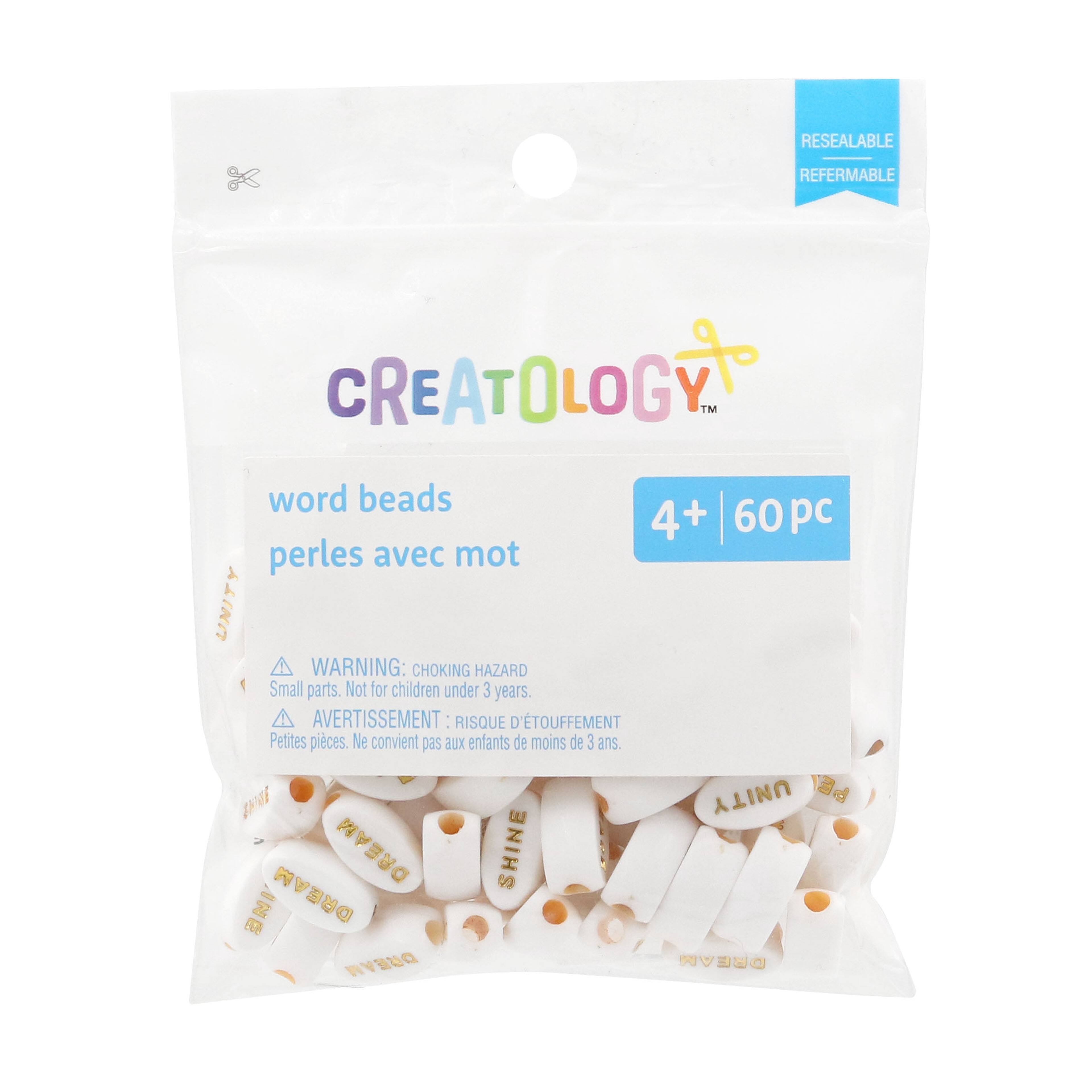 12 Packs: 60 ct. (720 total) White & Gold Inspirational Word Beads by Creatology™