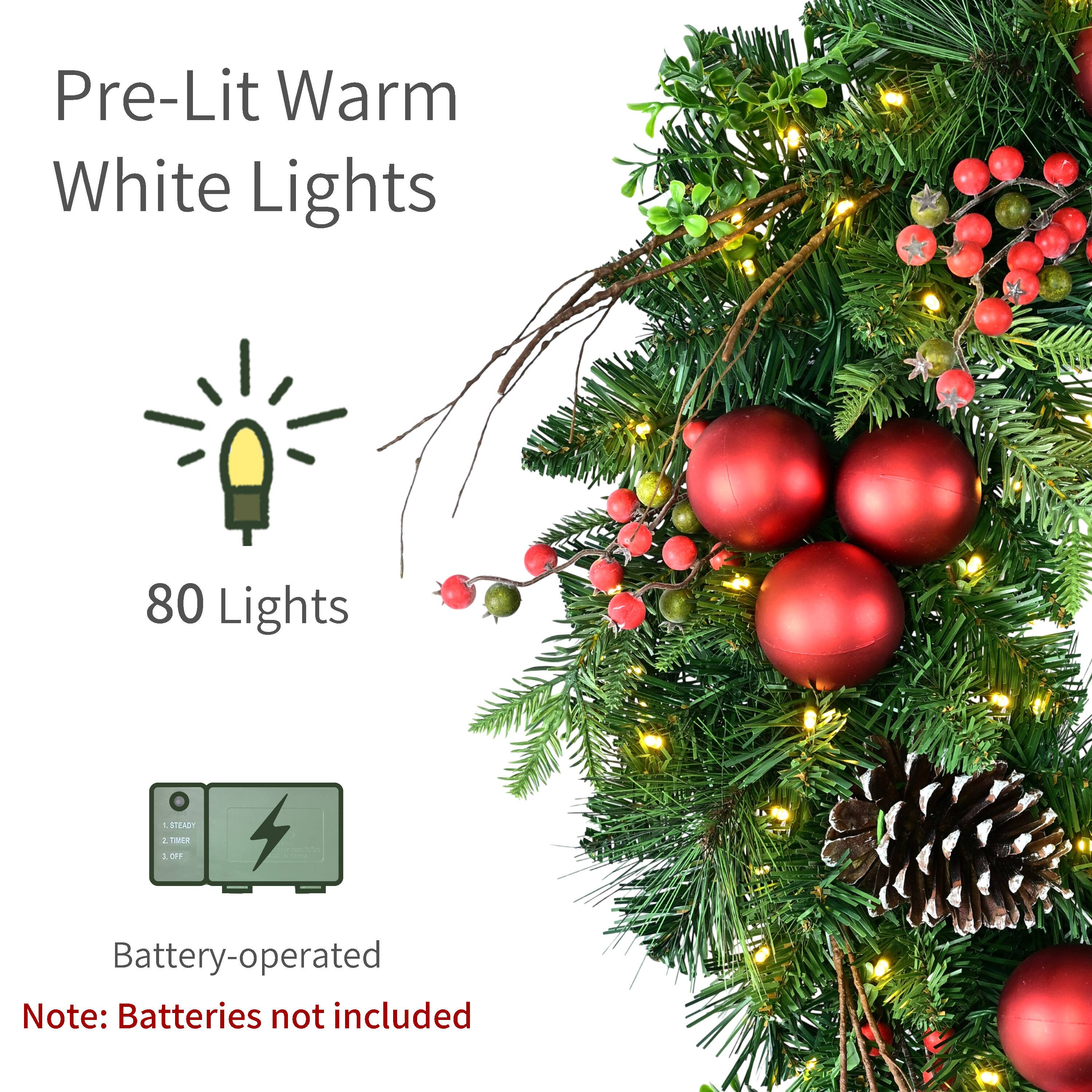 Puleo International 26" Pre-Lit Green Pine with Pinecones, Ornaments & Berries Artificial Christmas Wreath