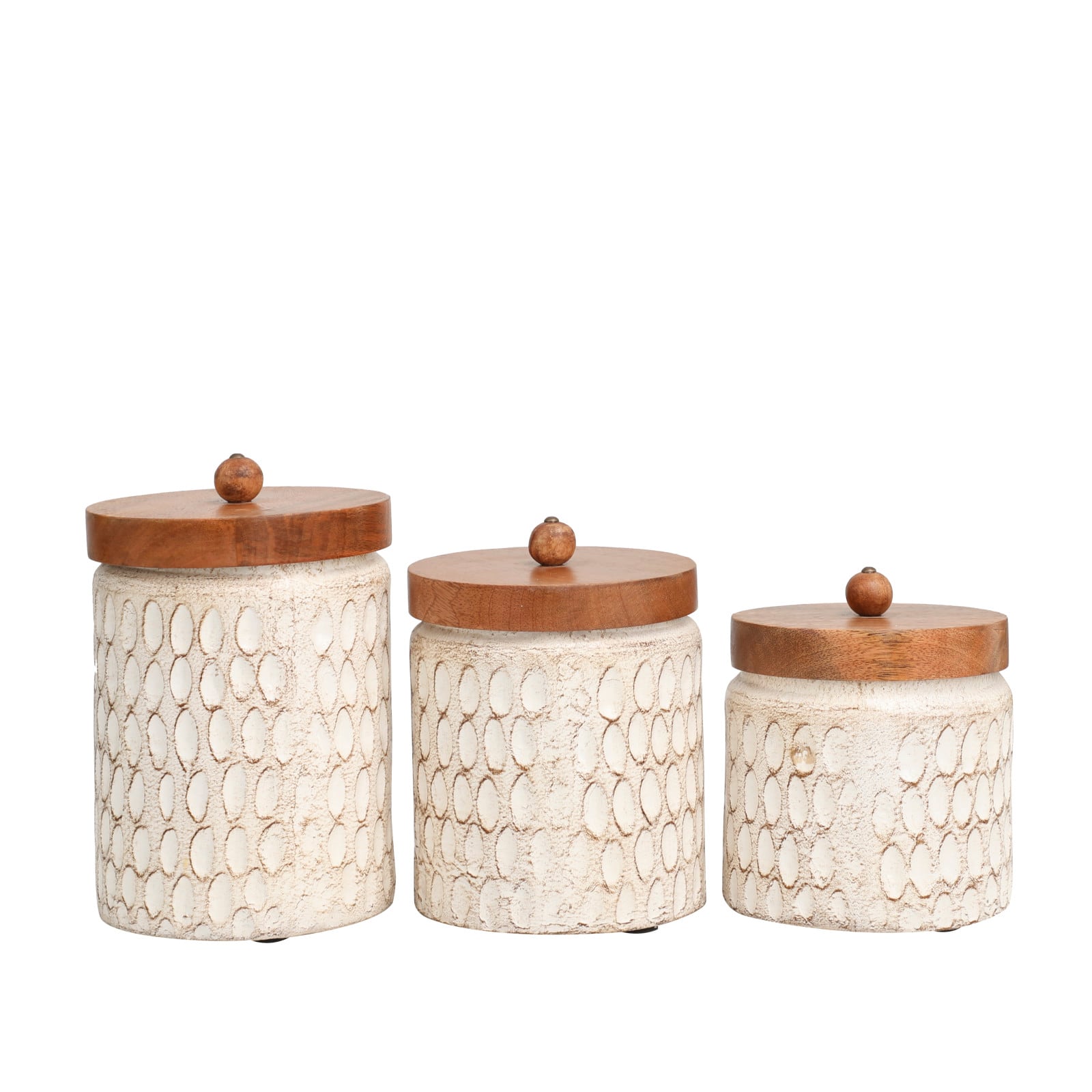 Cream Paper Mache Handmade Carved Spotted Geometric Canisters with Removable Lids Set