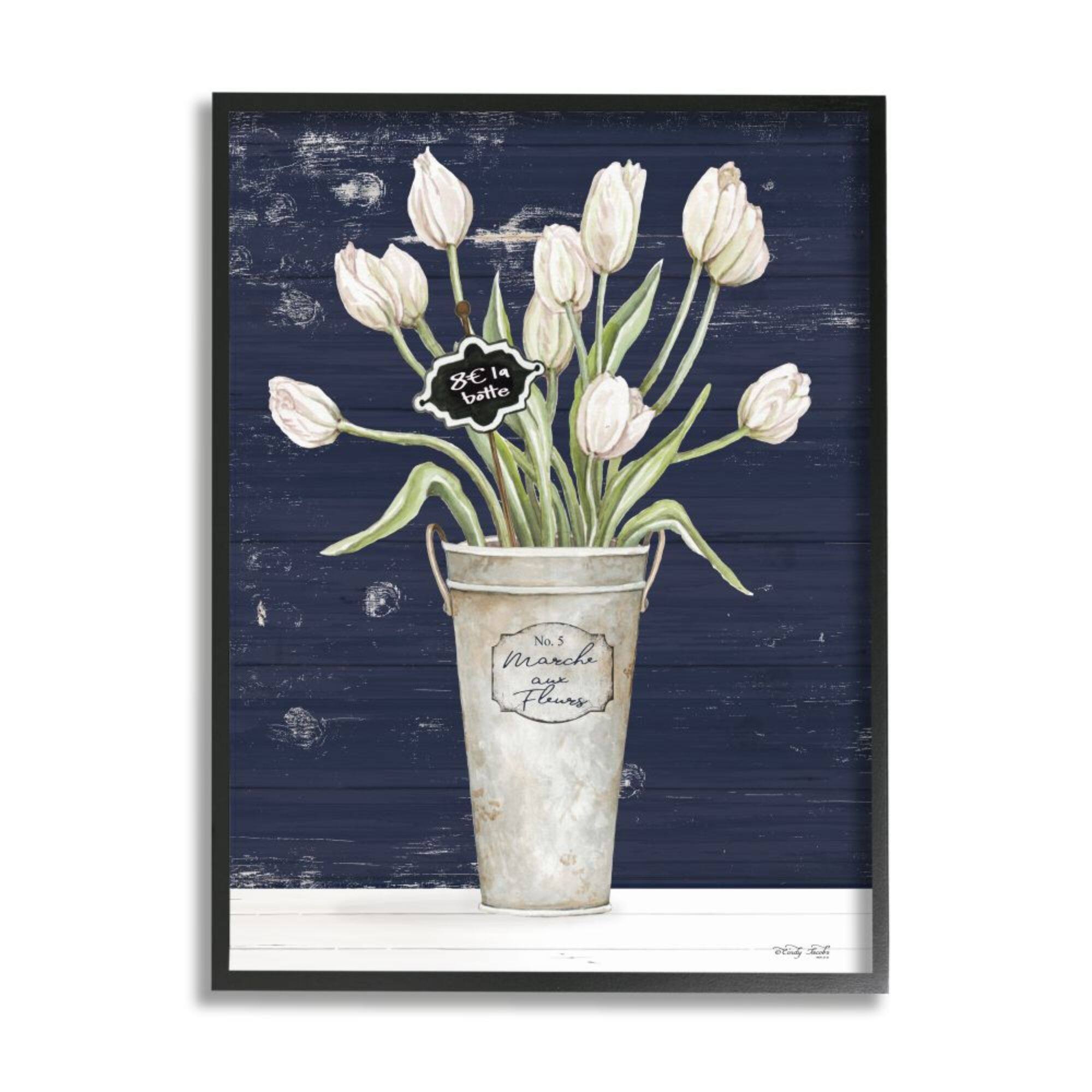 Stupell Industries Charming White Tulip Bouquet over Rustic Blue Framed Wall Art