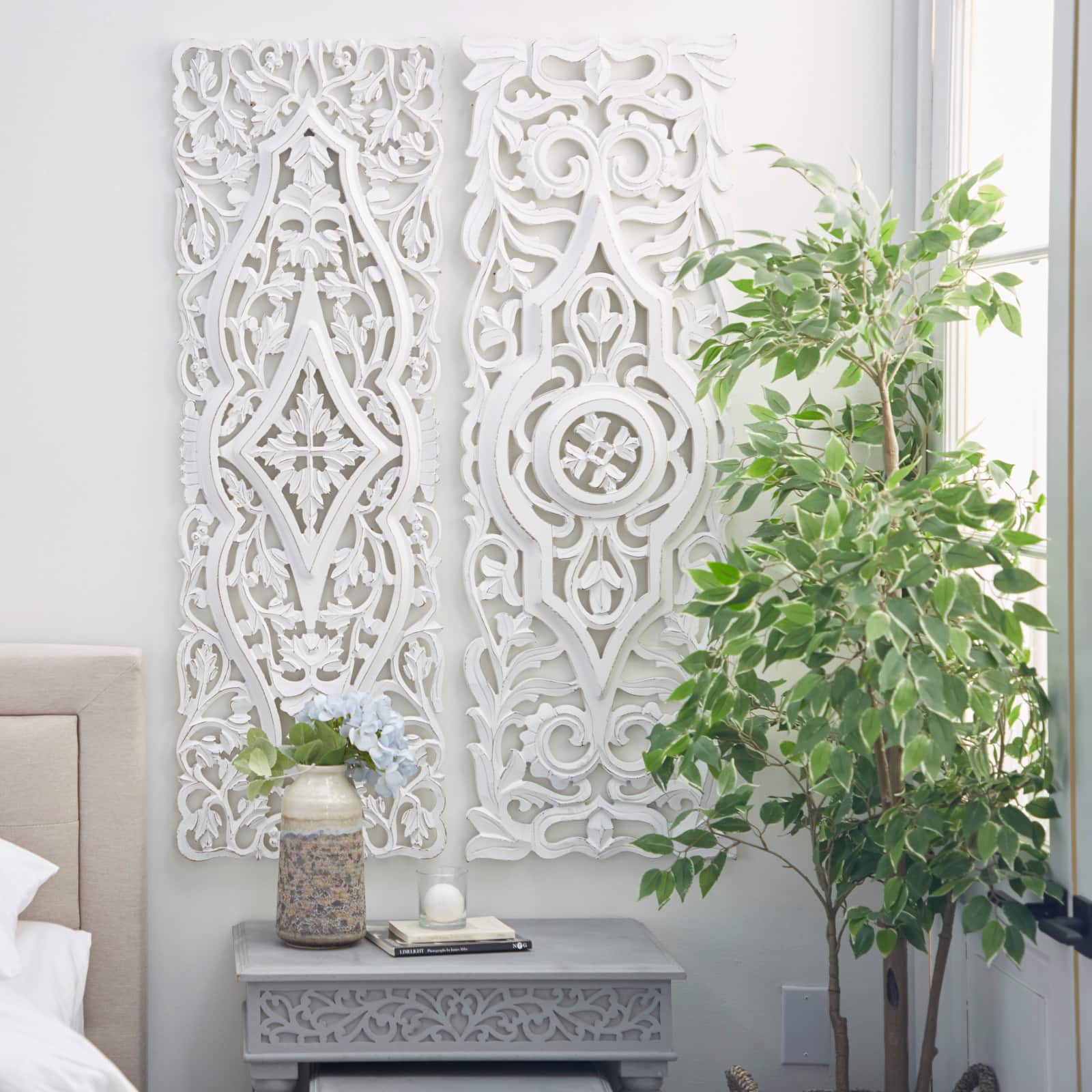 Set of 2 White Mango Wood Farmhouse Abstract Wall Decor, 16" x 48"