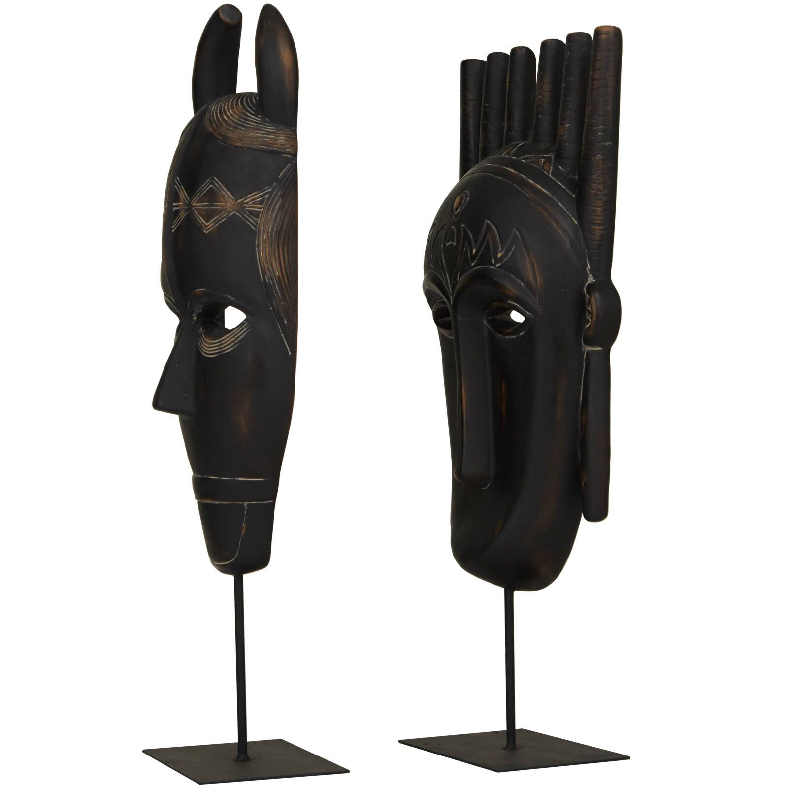 Black Polystone Handmade Carved Mask Sculpture Set