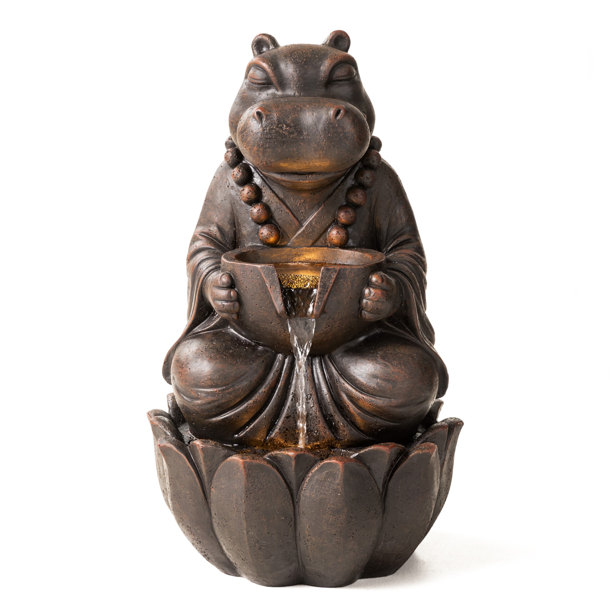 Glitzhome® 21.75" Zen-Style LED 2-Tier Bronze Hippo Outdoor Fountain