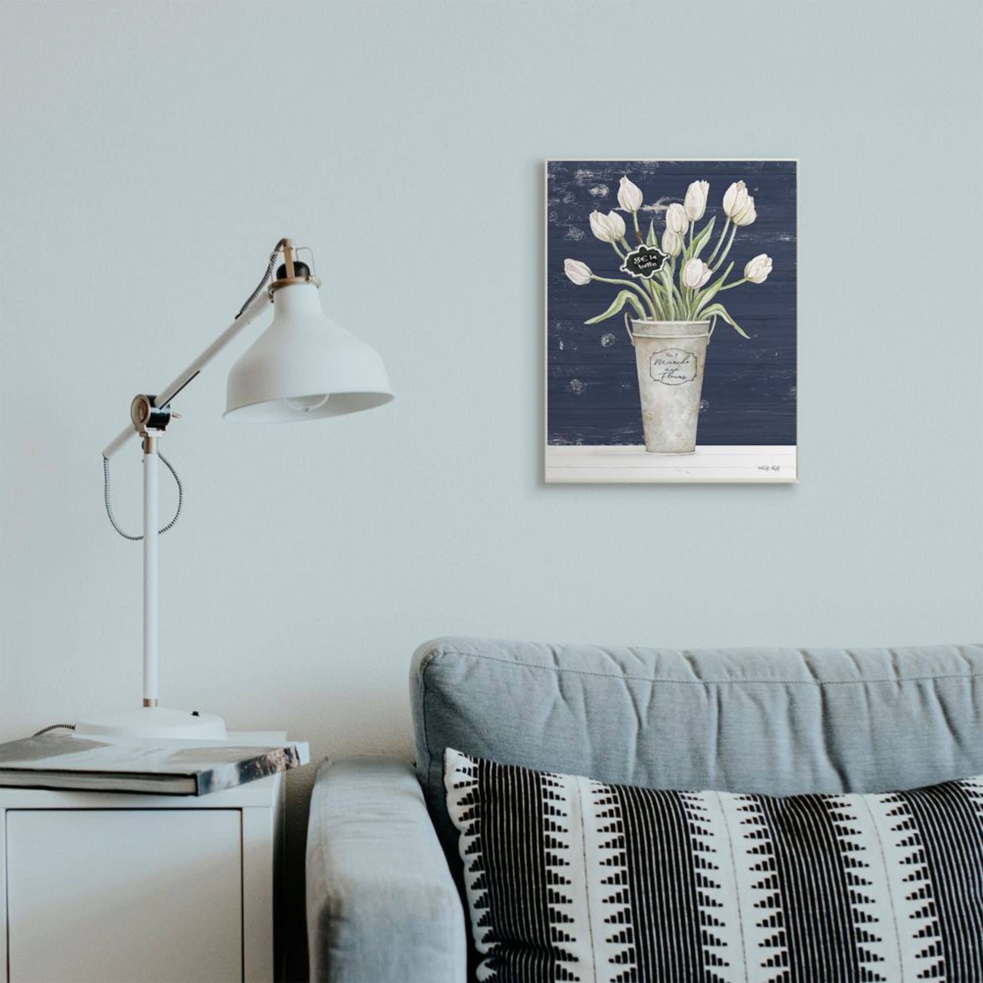 Stupell Industries Charming White Tulip Bouquet over Rustic Blue Wood Wall Plaque