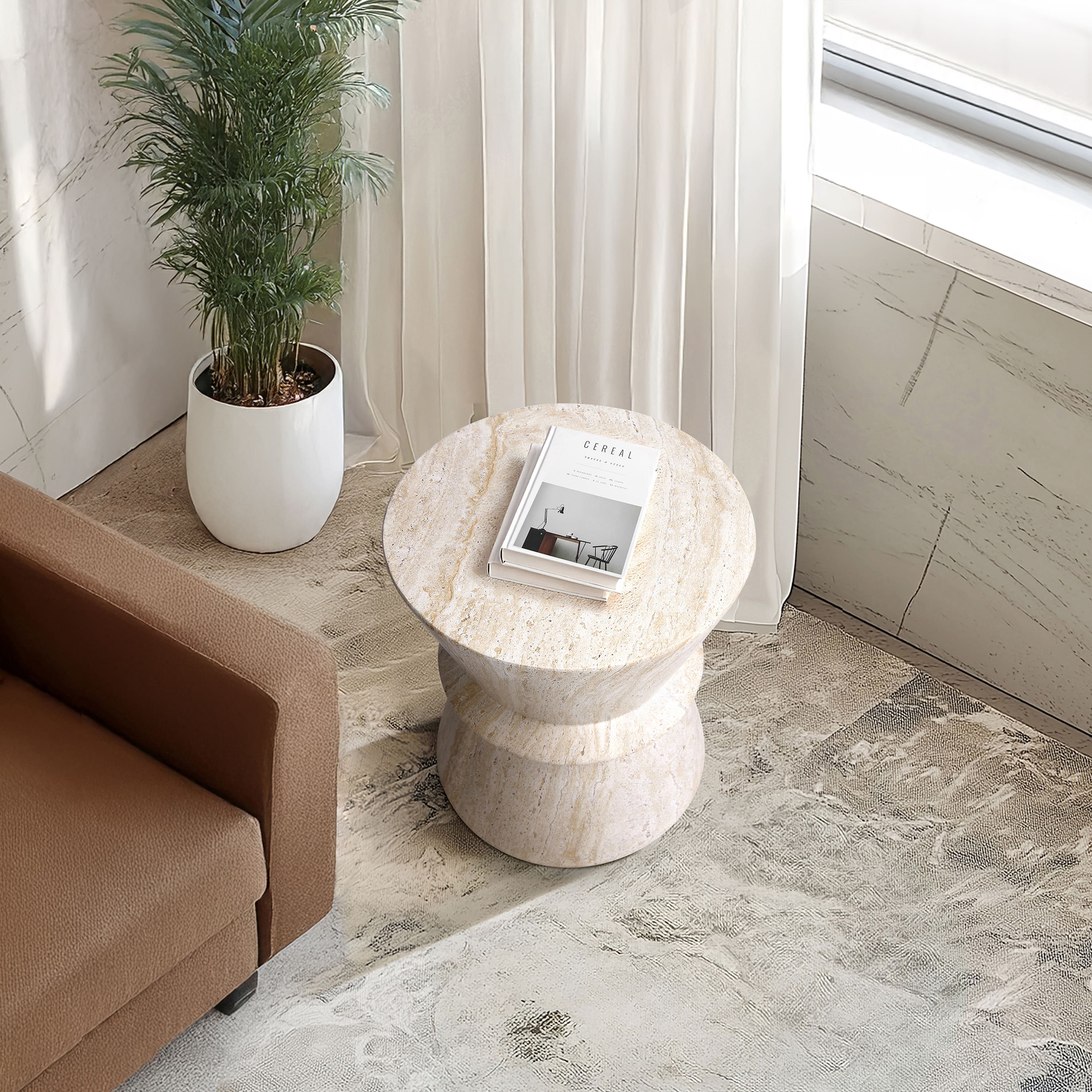Empire Art Direct 18" Hourglass Travertine Stone Finish MGO Side Accent Table