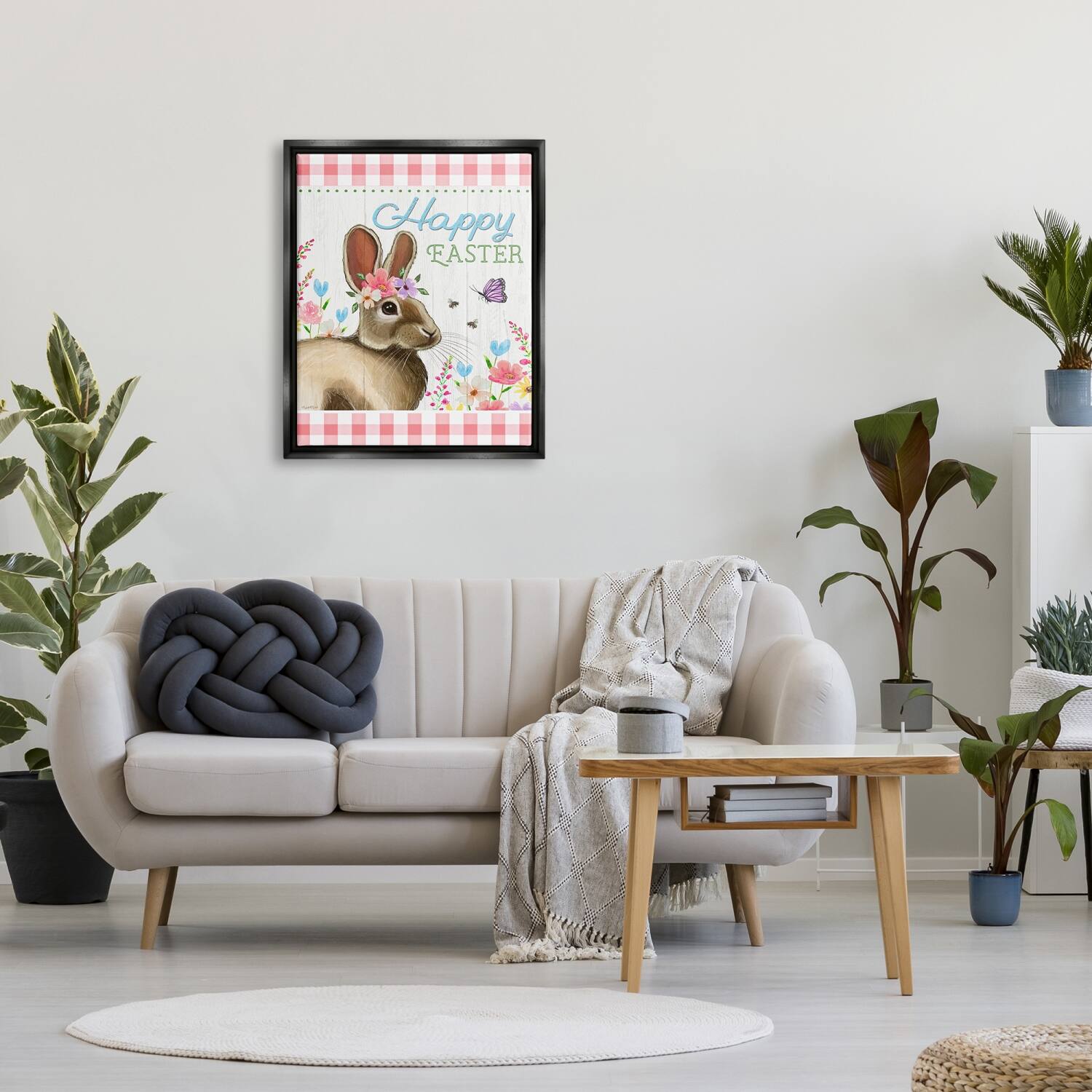 Stupell Industries Happy Easter Floral Gingham Rabbit Floater Framed Art