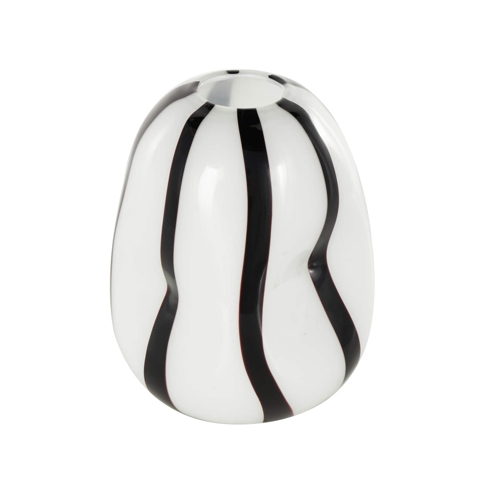 12" White & Black Stripes Glass Round Concaved Vase