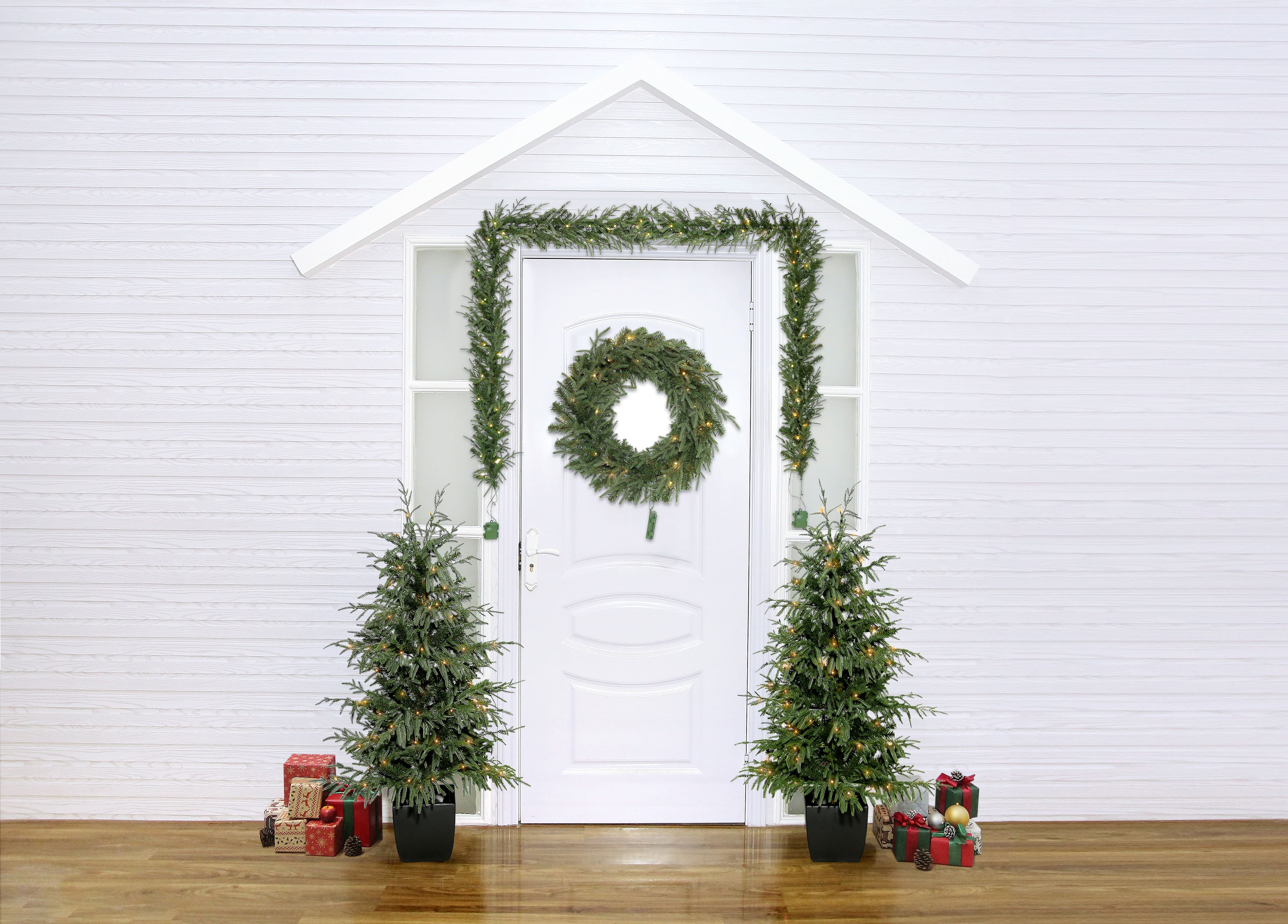 5pc. Pre-Lit Norfolk Pine Potted Artificial Christmas Trees, Garlands & Wreath, Warm White Mini LED Lights by Ashland®