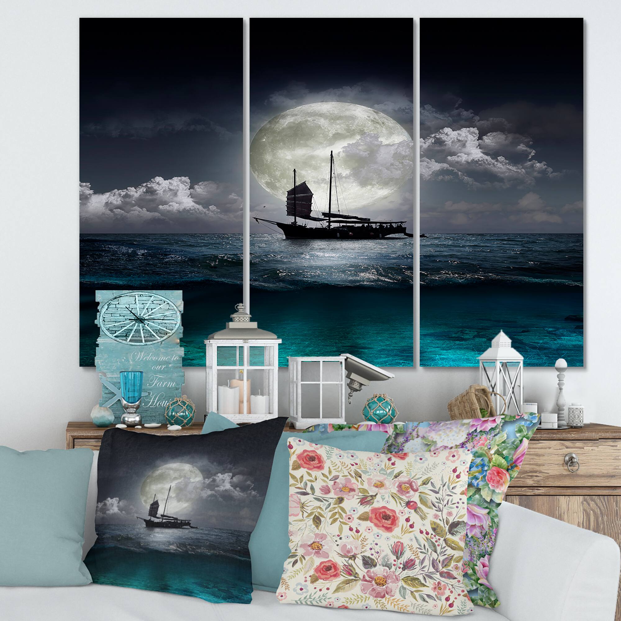 Designart - Fisher Boat On The Lake During Full Moon