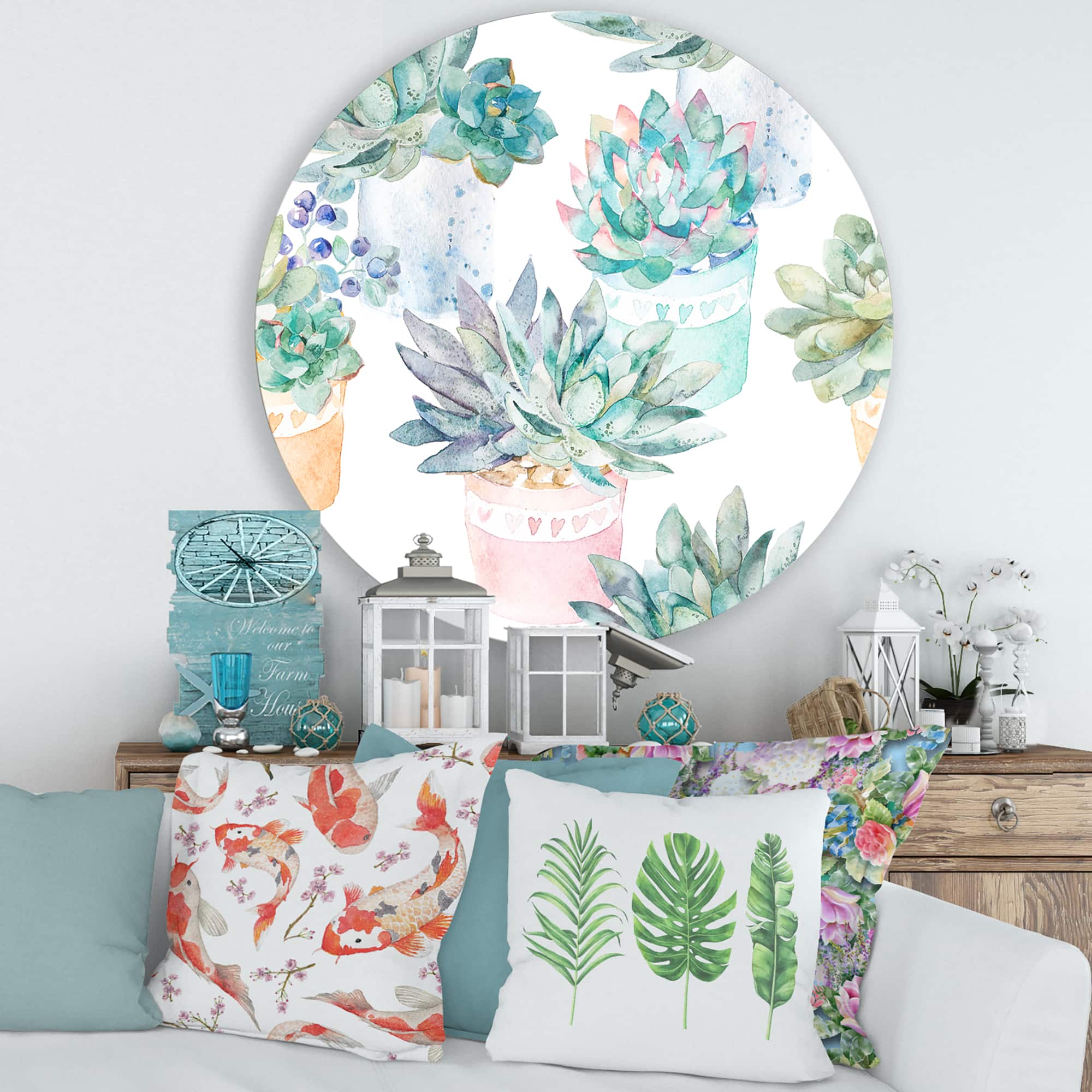 Designart - Pastel Toned Succulent Housplants - Traditional Metal Circle Wall Art