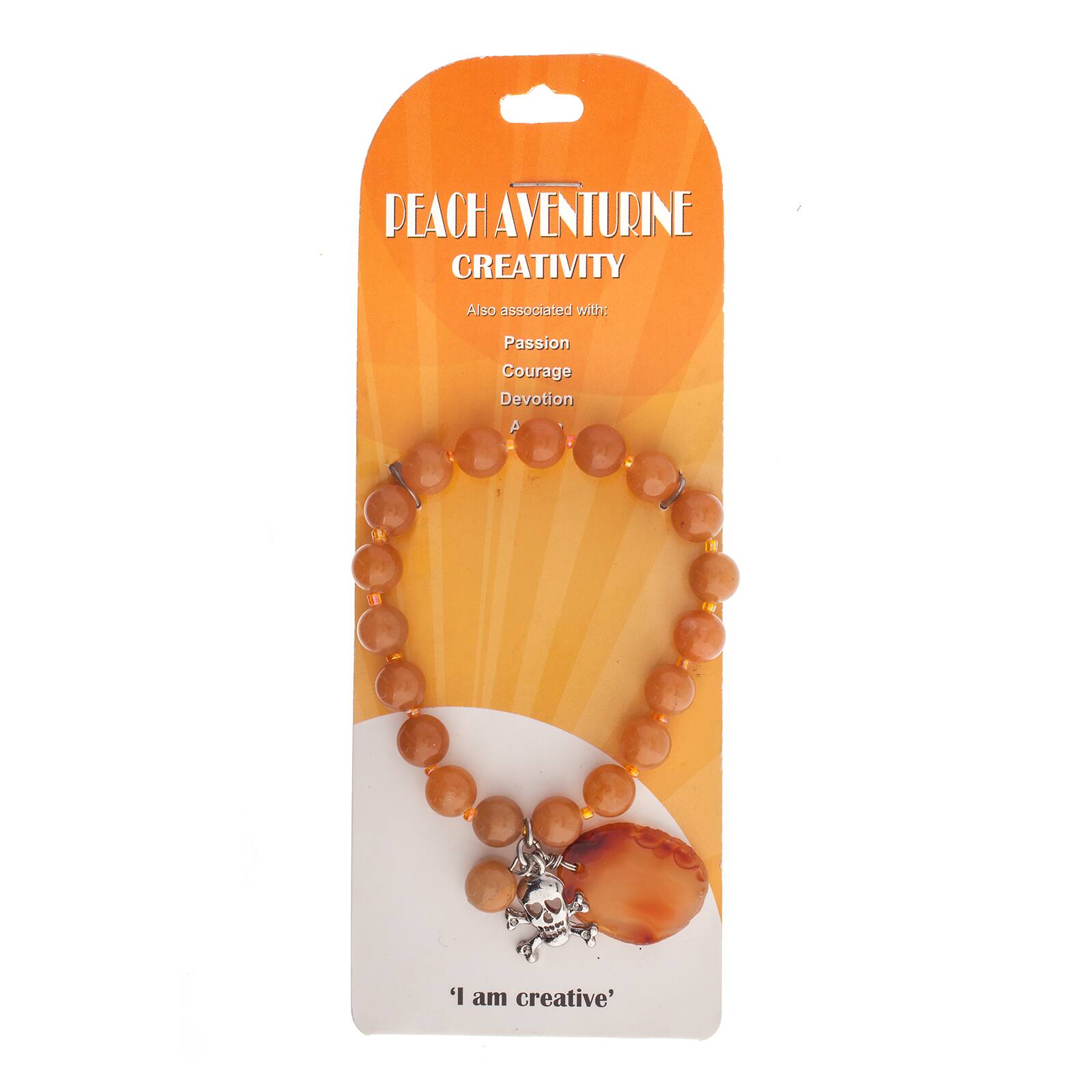 John Bead Peach Aventurine Stretch Bracelet with Agate & Skull Charms