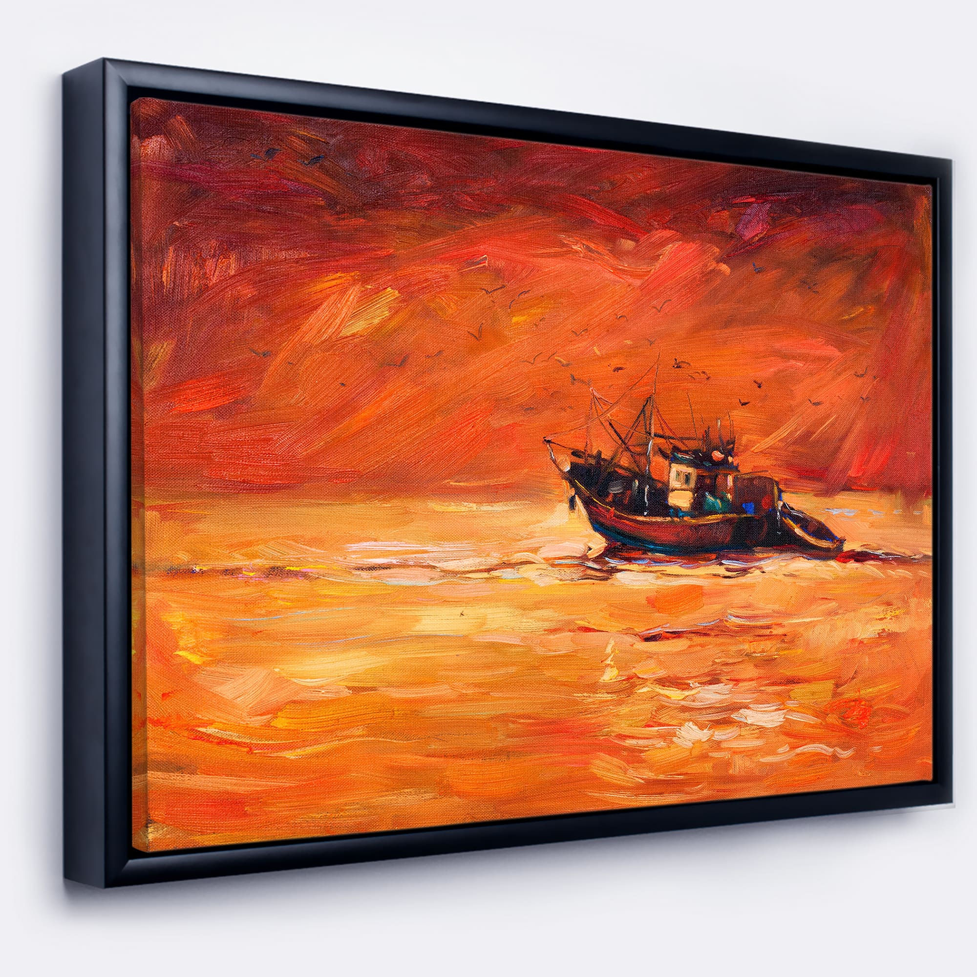 Designart - Fishing Boat in Red Hue - Seascape Canvas Art Print in Black Frame