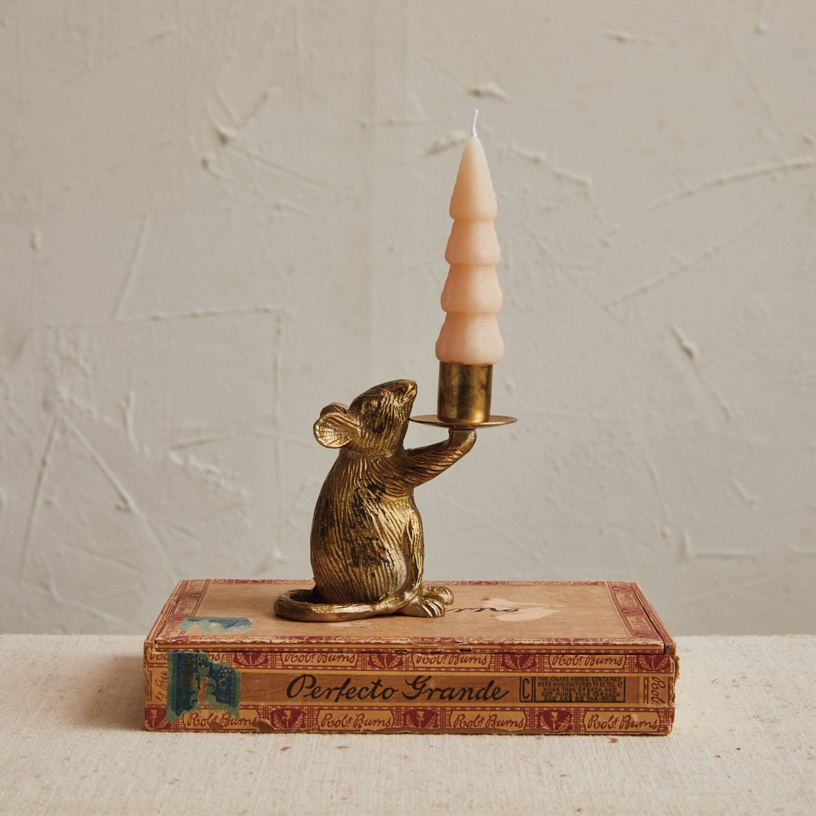 Hello Honey® 4.5" Antique Gold Finish Cast Aluminum Mouse Taper Candle Holder