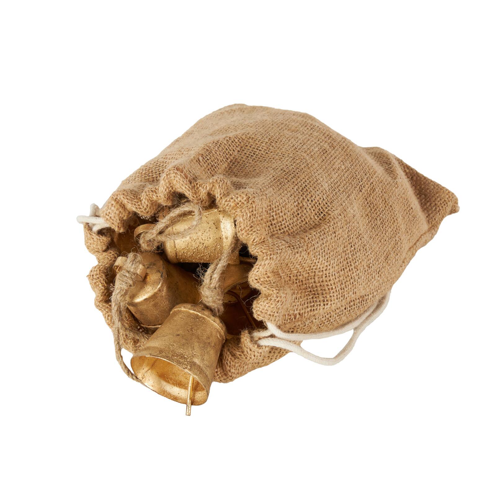 Gold Metal Tibetan-Inspired Decorative Bells with Jute Rope and Canvas Drawstring Tote Set