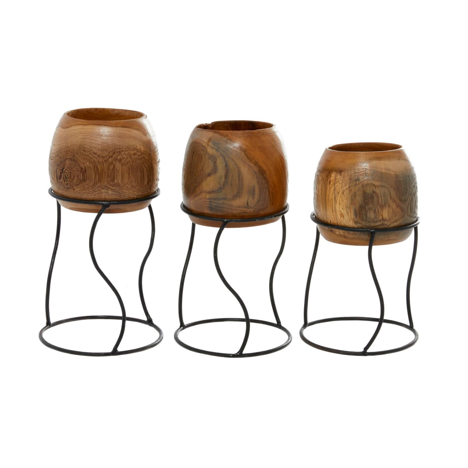 Set of 3 Brown Teak Wood Rustic Planter 9", 11", 10"