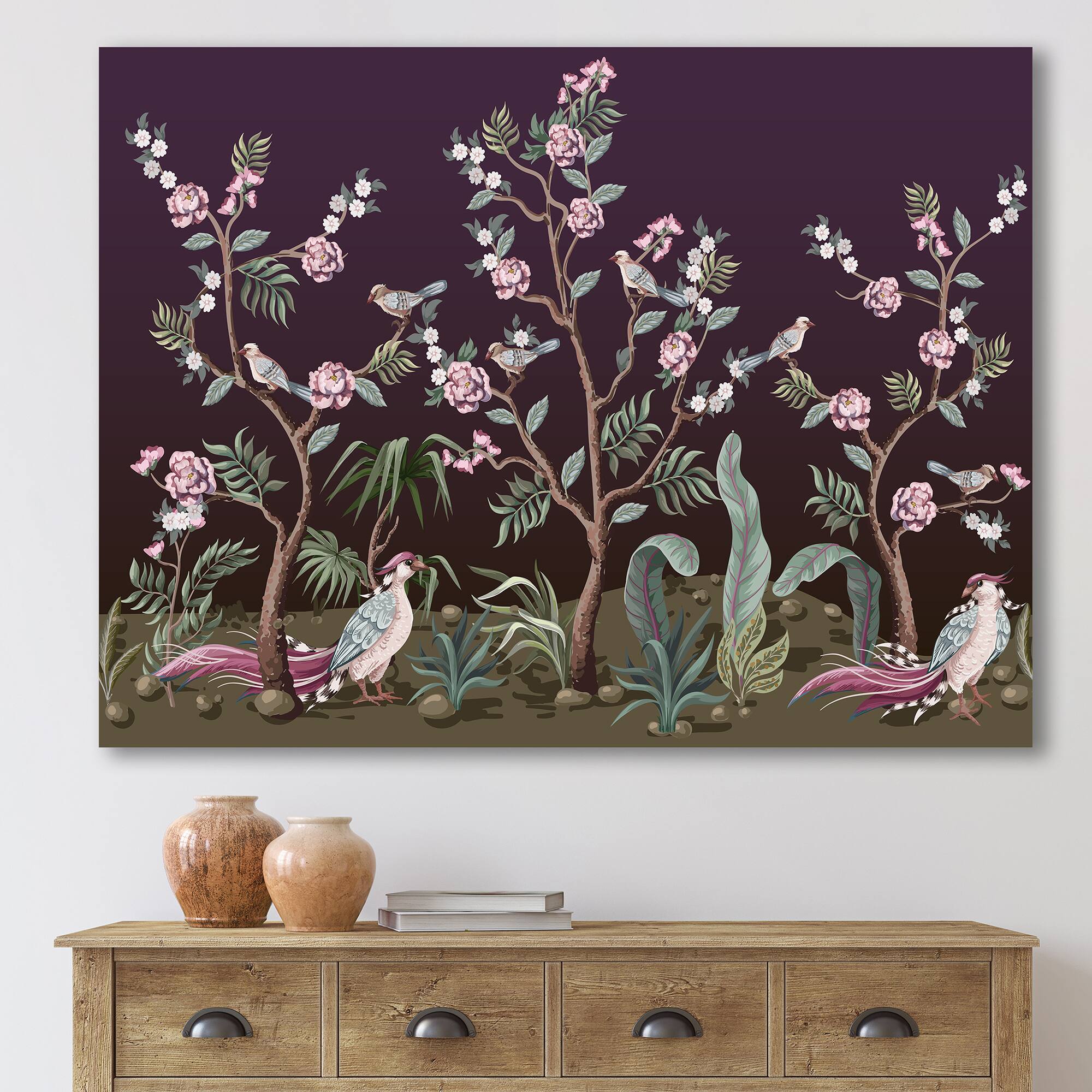 Designart - Chinoiserie With Birds and Peonies I - Traditional Canvas Wall Art Print