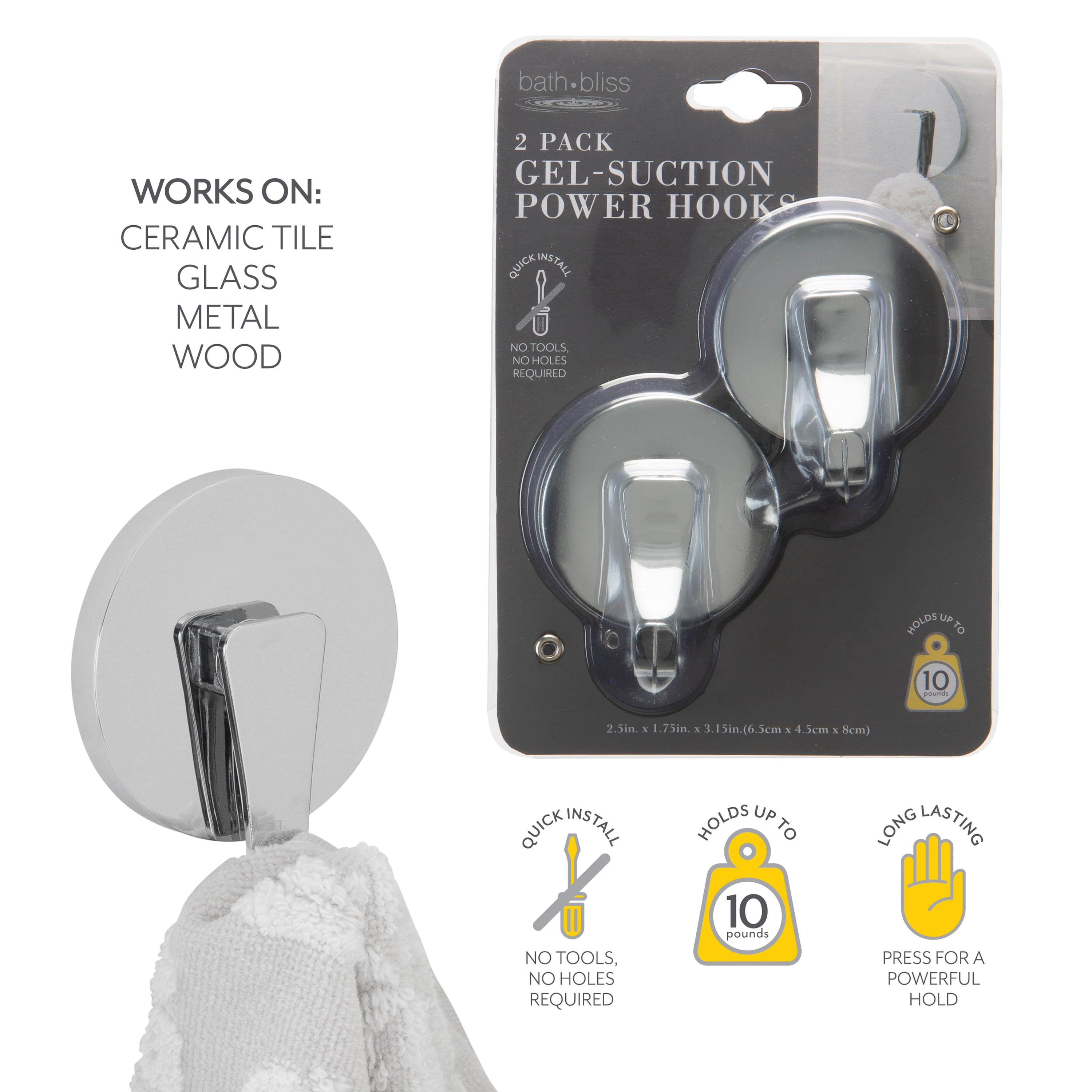 Bath Bliss Chrome Gel Suction Power Hooks, 2ct.