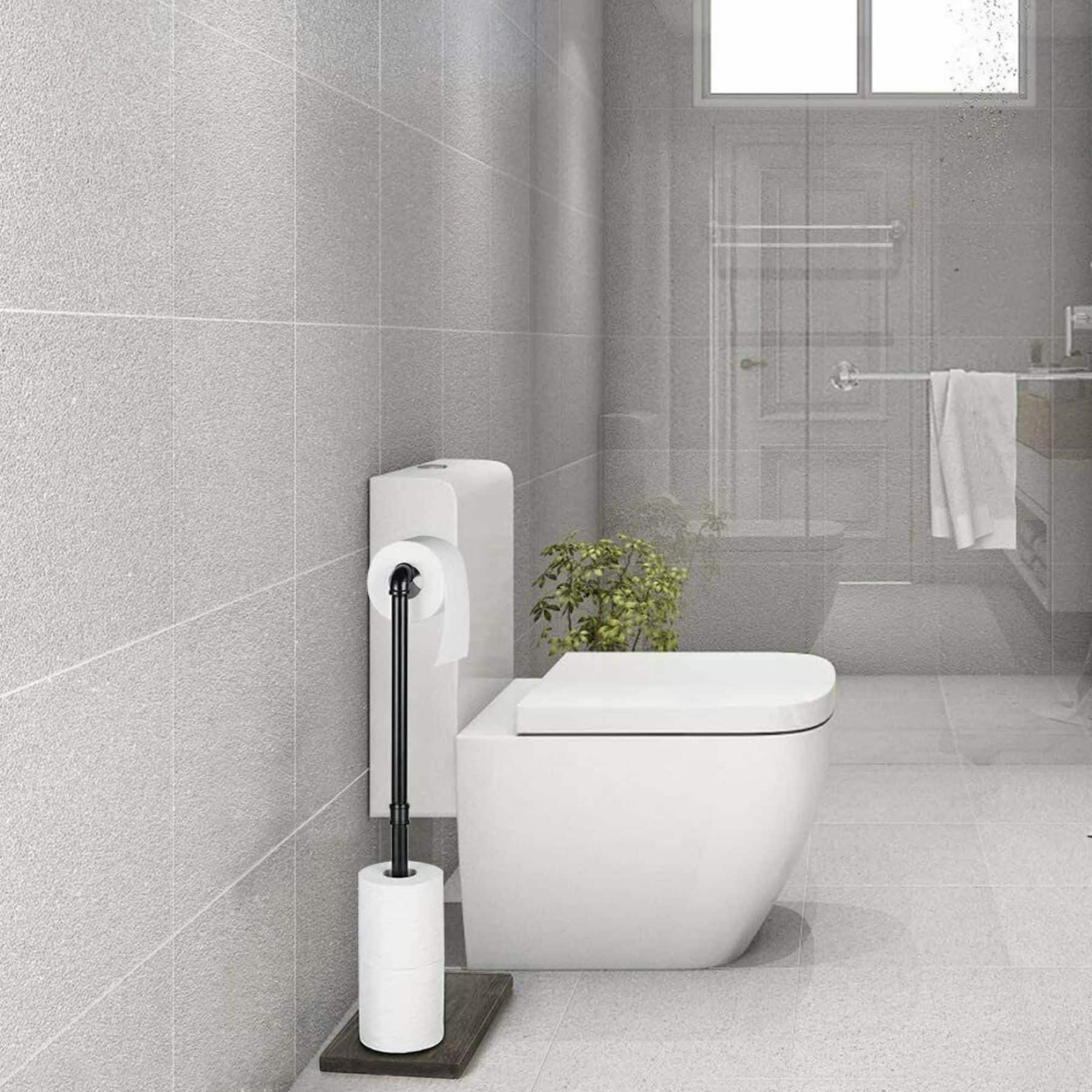 NEX™ 24" Brown Freestanding Iron Pipe Toilet Paper Holder with Solid Wood Base
