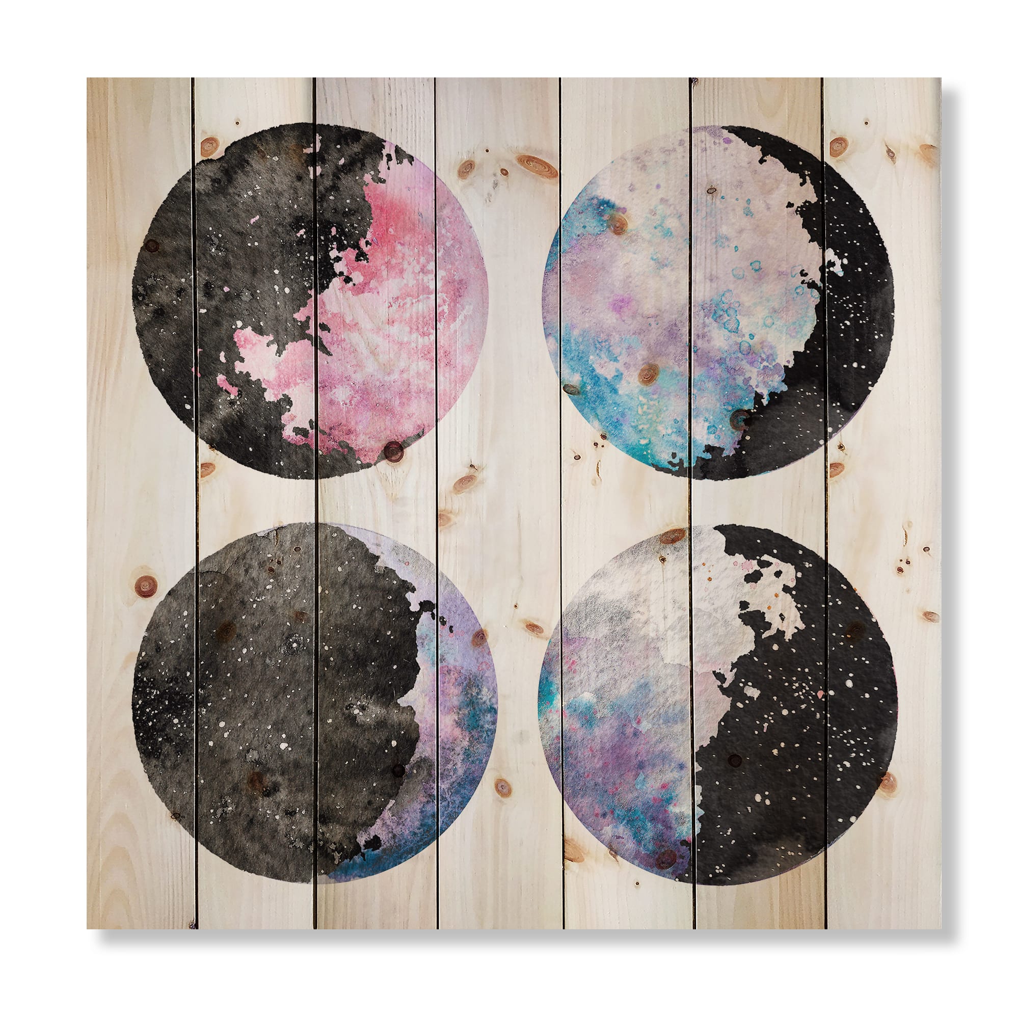 Designart - Moon Phases With Stars and Sky - Bohemian & Eclectic Print on Natural Pine Wood