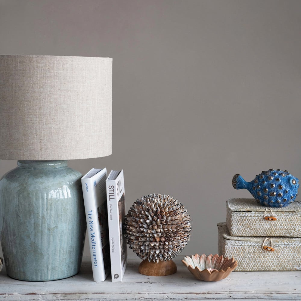 Hello Honey® 25" Aqua Reactive Glass Coastal Stoneware Table Lamp with Linen Shade