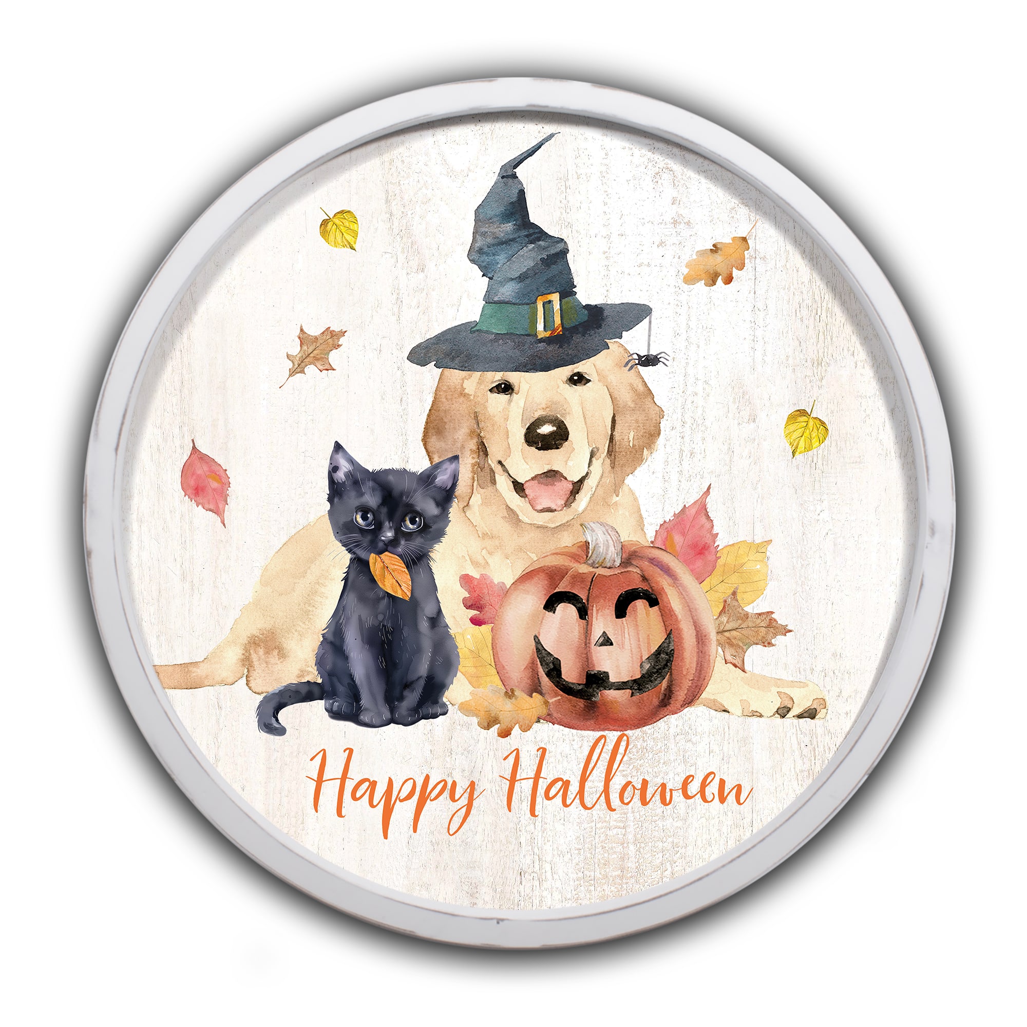 Halloween Watercolor Pets 20" x 20" Round White Framed Print