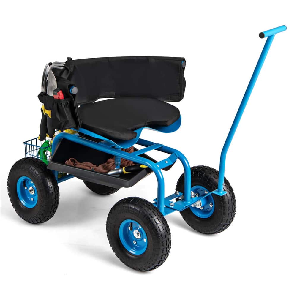 Costway Rolling Garden Cart Work Seat with Adjustable Height, Tool Tray & Storage Basket