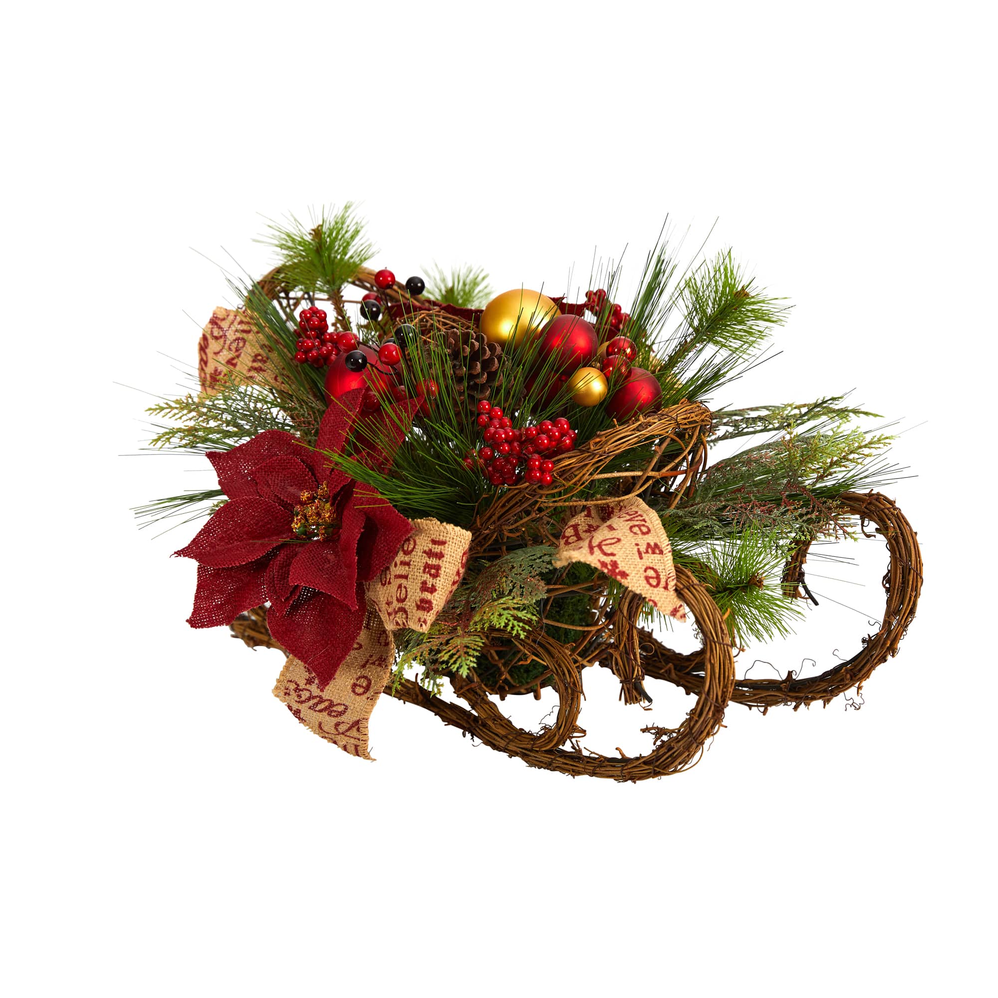 18" Christmas Sleigh with Poinsettia, Berries & Pinecone Artificial Arrangement with Ornaments
