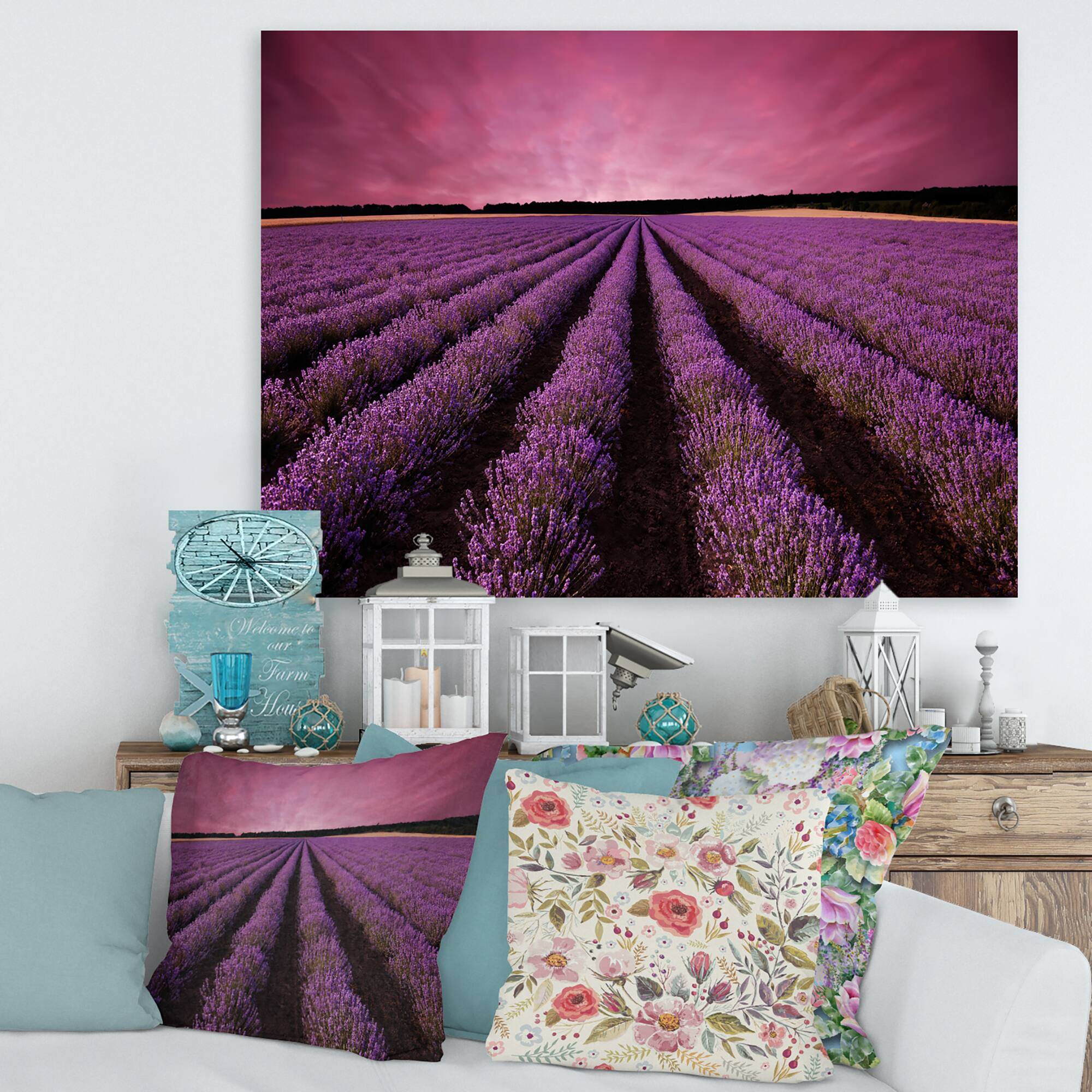 Designart - Sunrise & Dramatic Clouds Over Lavender Field XI - Farmhouse Canvas Wall Art Print